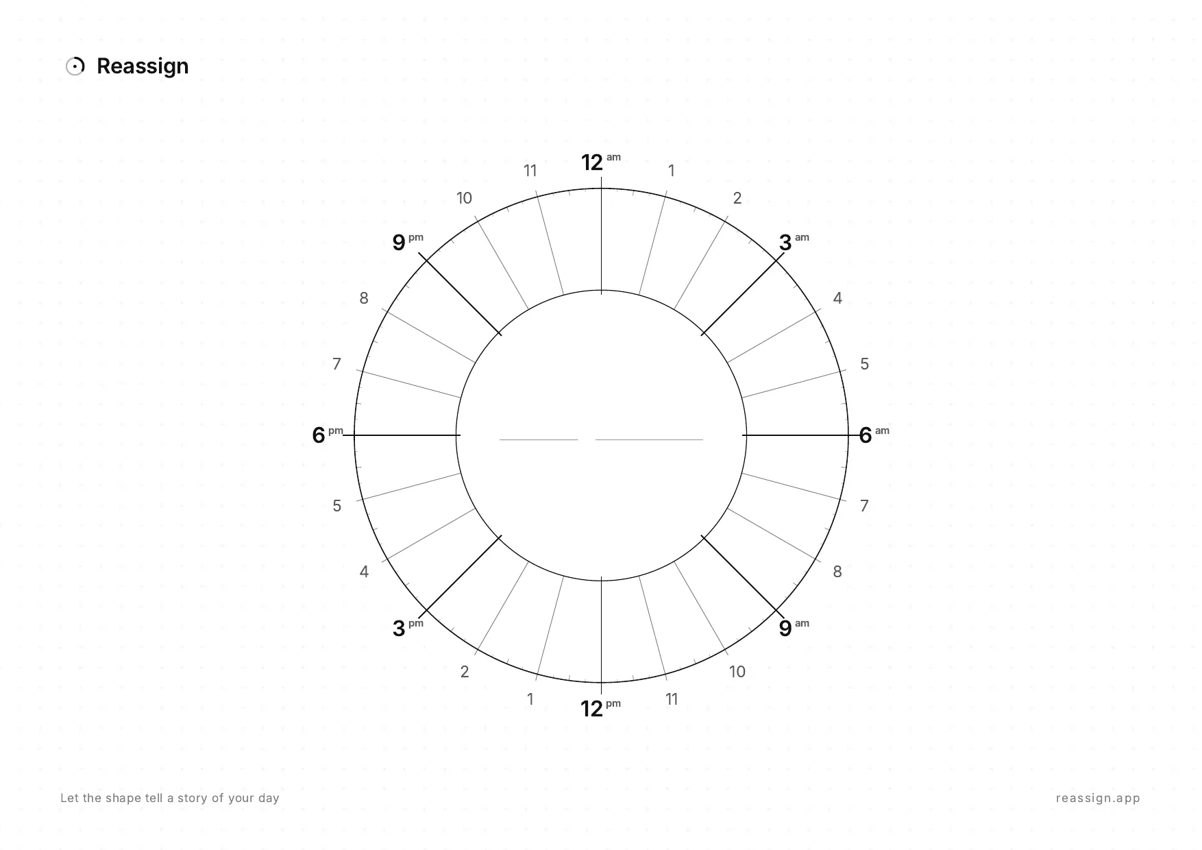 Page 1 of the printable: a blank 24-hour dial with midnight at the top, hour numbers round the ring, and an empty centre