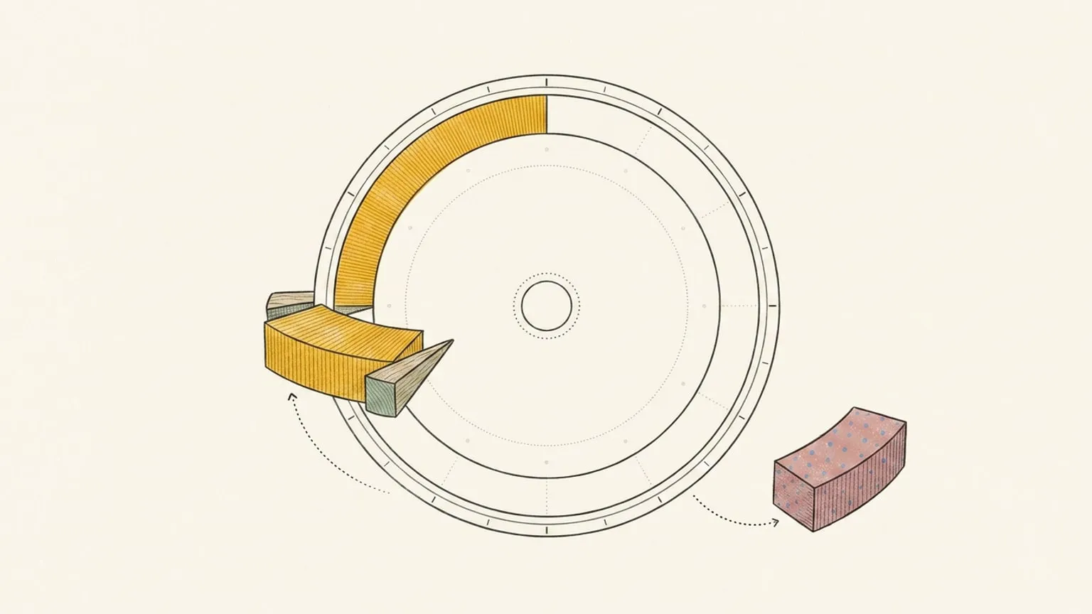 A 24-hour ring dial with one arc block pried partway out of its slot by two small wooden wedges, a detached brick resting nearby with a curved trace marking its removal.
