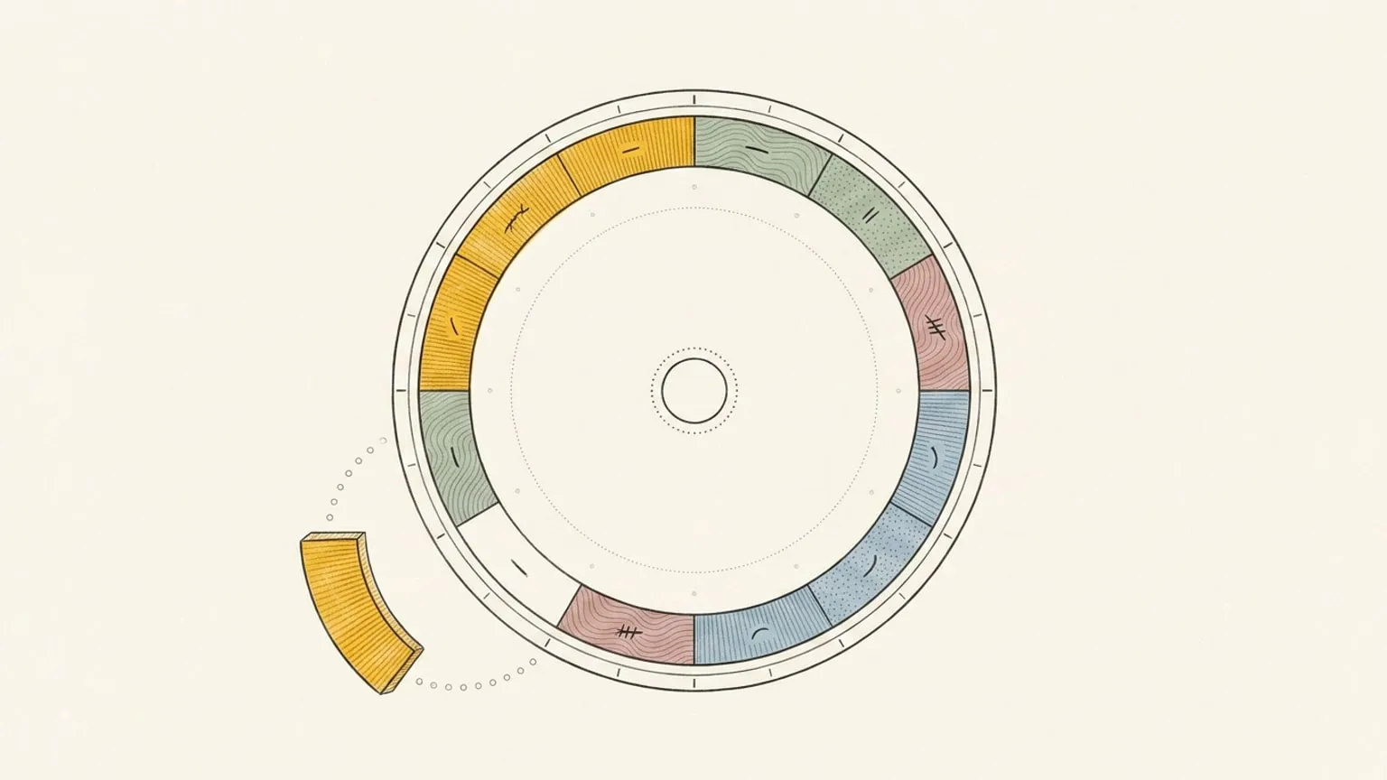 A circular 24-hour dial ring whose arc blocks each carry small abstract marks lies flat beside one loose arc block, with a dotted path curving from the block toward its empty gap in the ring.