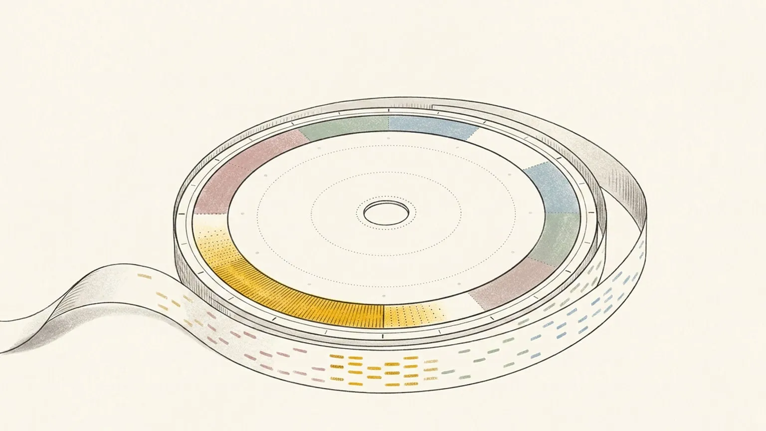 A 24-hour ring dial seen at an angle, its band divided into muted sage, rose and blue arcs with one hatched gold arc glowing at the lower left. A paper tape spirals out from under the ring and off the page, marked with clusters of small coloured dashes that crowd together in gold beneath the bright arc and thin out to nothing further along.