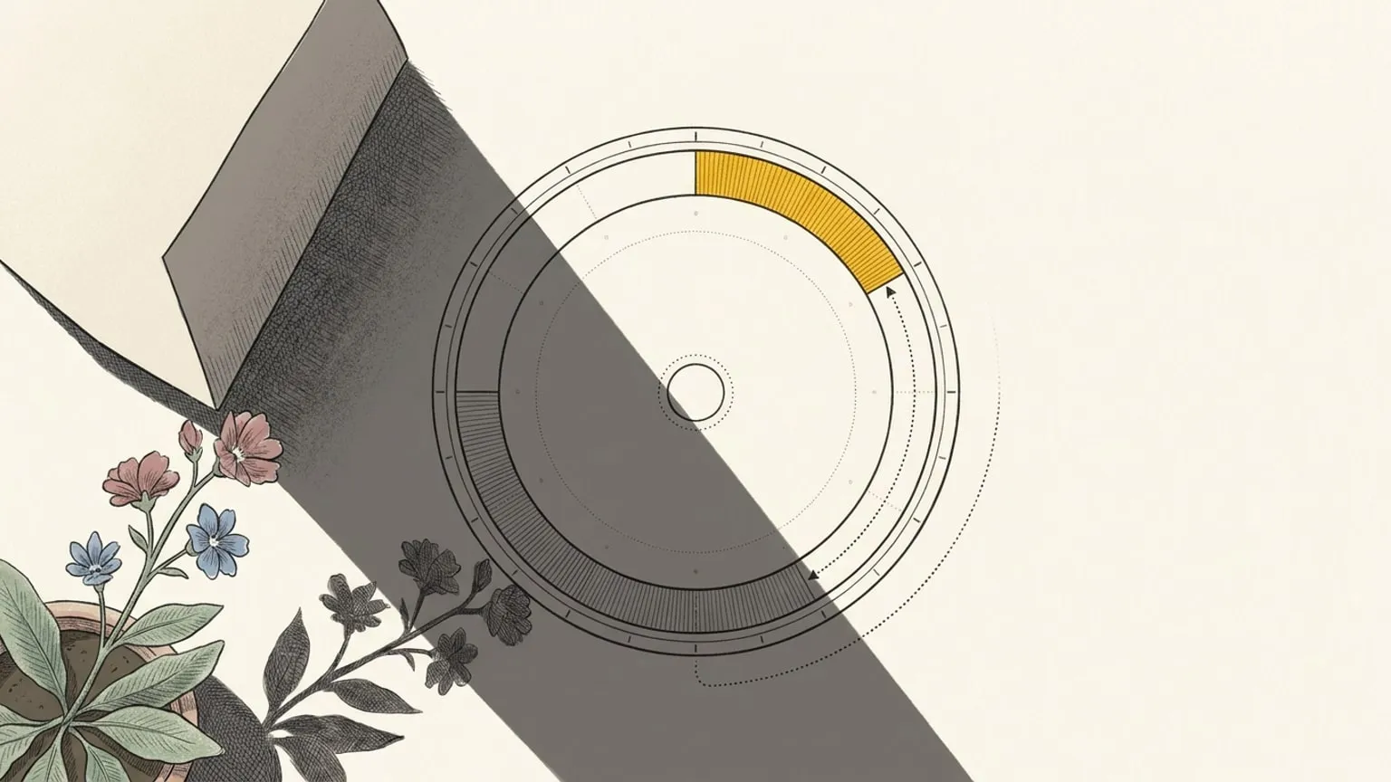 A circular 24-hour ring dial lying flat with one gold arc block and a dotted path showing it shifted earlier on the ring, half the dial lit by morning light and half in shadow from a propped paper, with a small plant casting a shadow across the dark half.