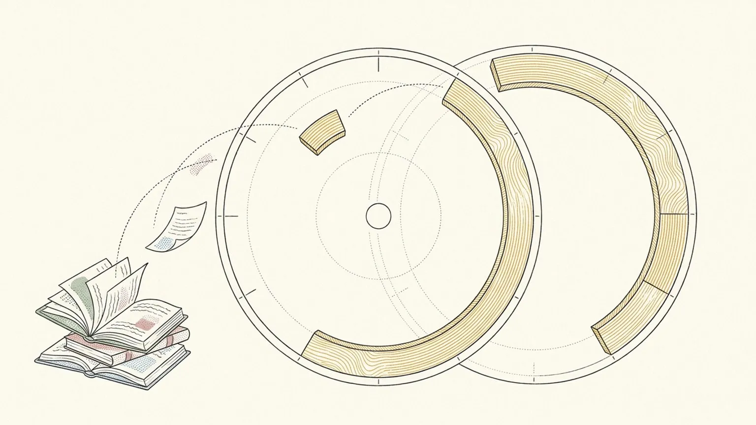 Three abandoned paper planners with splayed pages emit dotted arcs that curve across the scene and resolve as gold arc blocks on a flat 24-hour dial ring, with one block still mid-flight along its dotted path.