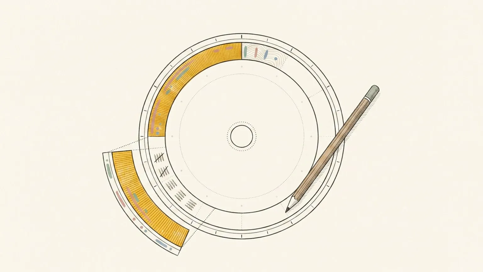 A hand-drawn 24-hour arc-ring dial with one arc block pulled open to show a nested checklist of rows, two crossed off, a pencil resting across it, dotted lines rejoining it to its place in the ring.