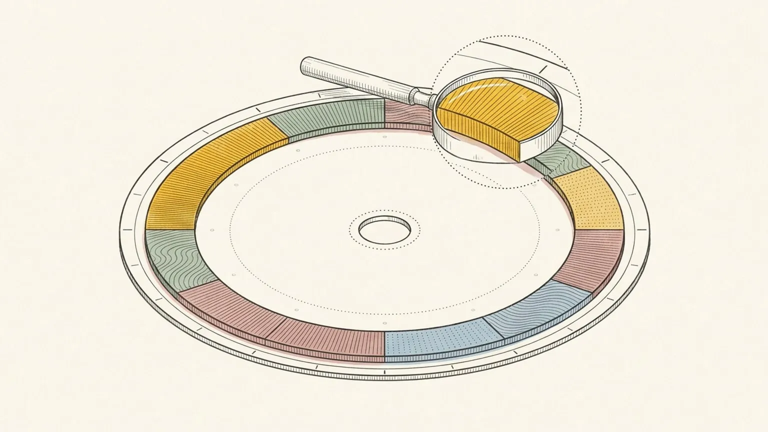 A 24-hour ring dial lies flat with a small magnifying glass resting on its upper edge, its lens enlarging one arc block while the rest of the ring fades into empty paper.