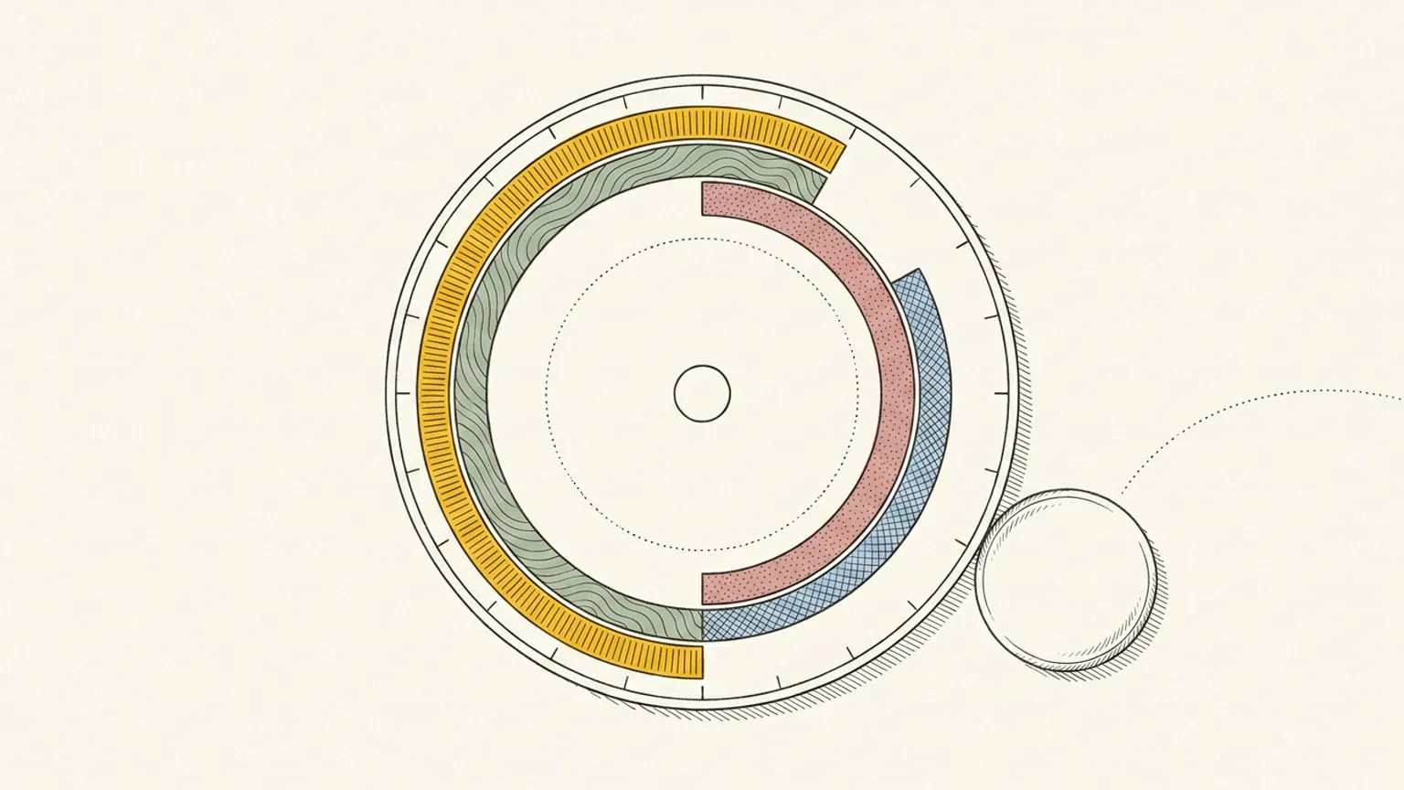 A 24-hour dial with coloured arcs lies flat next to a small plain circle whose arrival is traced by a dotted curved path on warm paper.
