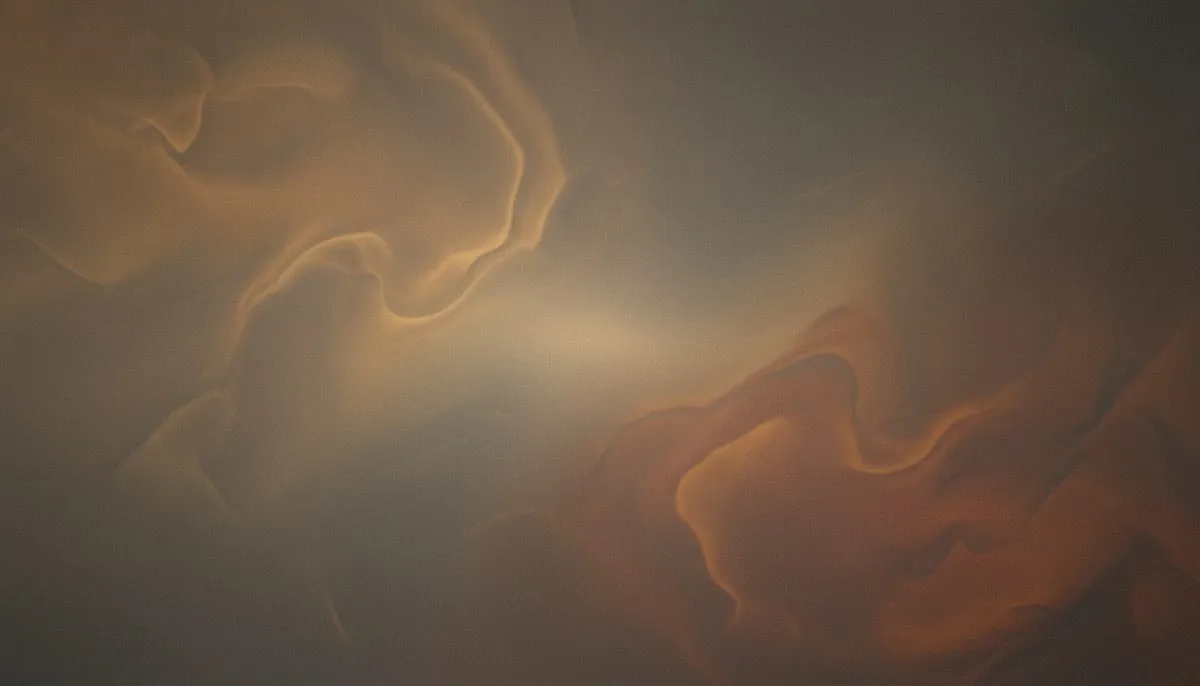 A wide muted mesh gradient where desaturated amber-gold melts into deep rust and charcoal across a softly lit, heavily grained field, two warm tonal zones dissolving into one another through a dusky taupe middle ground.