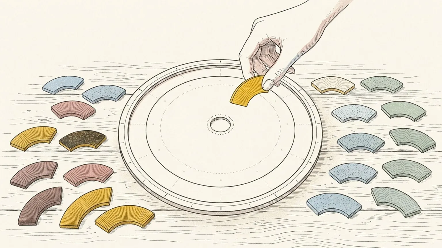 A 24-hour ring dial lying flat on a wooden surface with sixteen arc tiles arranged in two rows beside it, one tile held mid-air above the ring ready to be placed.