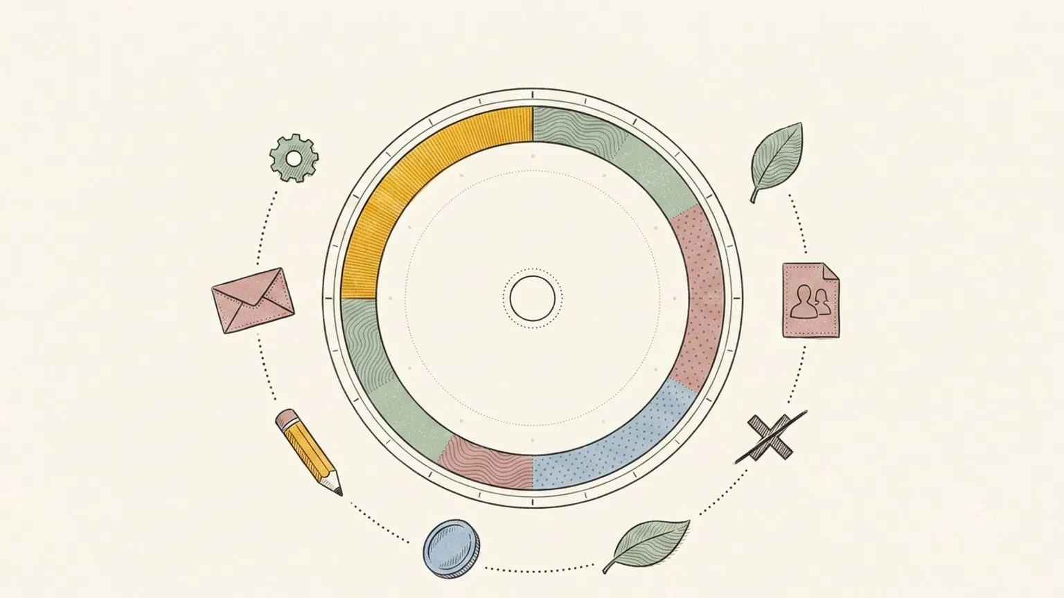 A hand-drawn 24-hour ring dial with seven small objects orbiting it on a dotted path, a gear, an envelope, a pencil, a coin, two leaves and a card, with one crossed-out mark sitting apart from the rest.