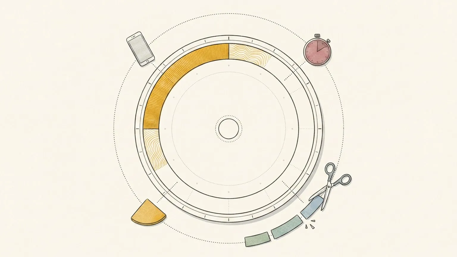 A circular 24-hour dial with four small objects orbiting its edge on a dotted path, each tethered to the ring by a short line, on warm paper with a single gold arc glowing inside the dial.