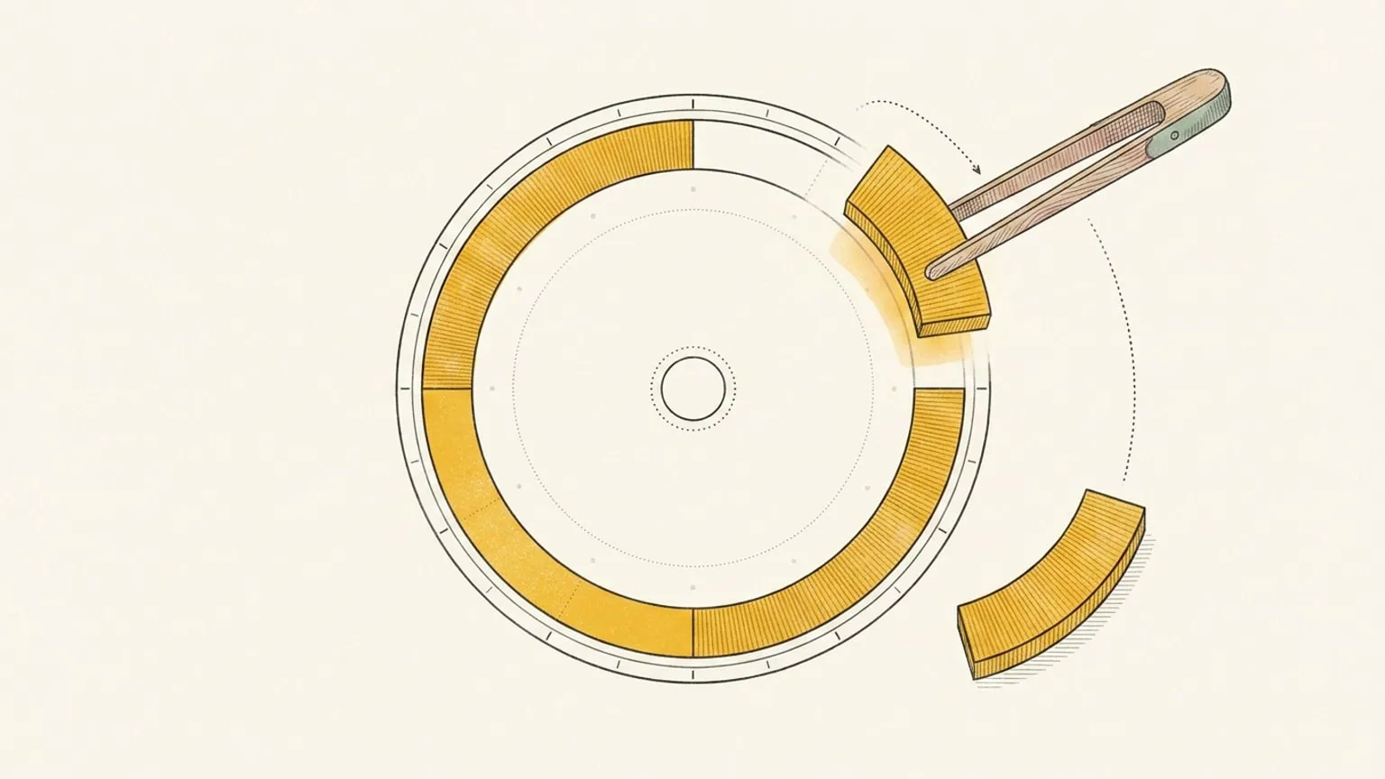 A 24-hour ring dial with one glowing arc block held above an empty gap by wooden tongs, a matching block resting beside it on paper, and a dotted path showing where the piece will land.