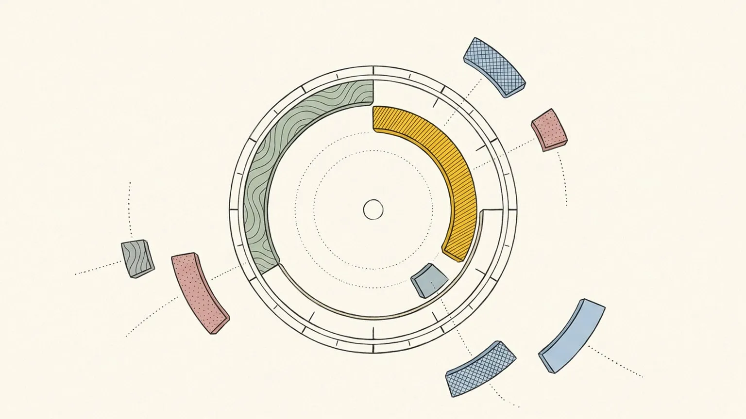 A 24-hour ring dial lies flat on warm paper with scattered arc blocks around it, one gold arc already placed in the ring and the others showing dotted paths as they drift toward their positions.