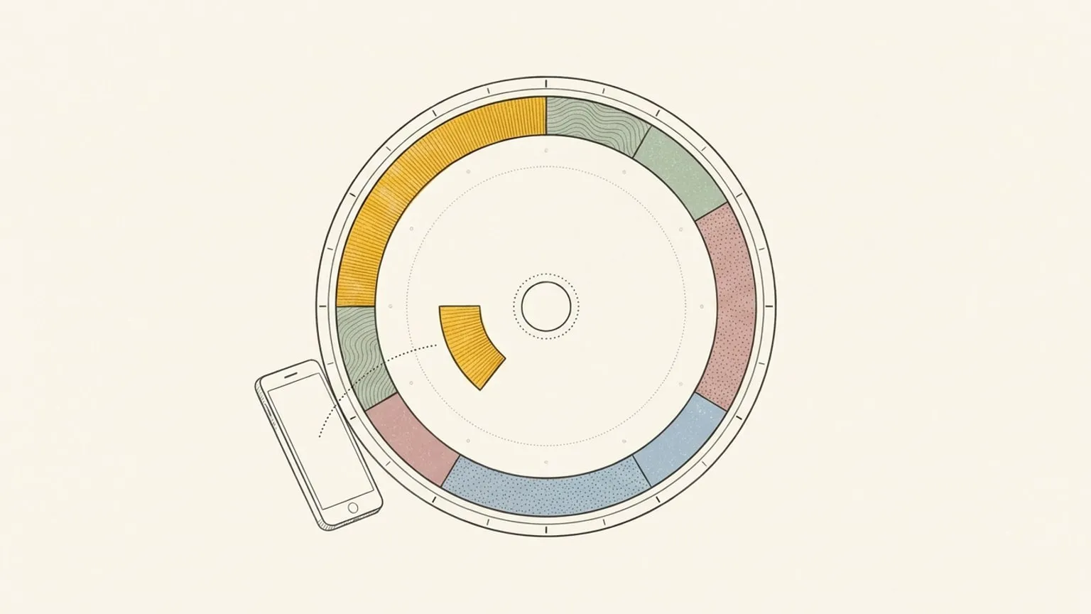 A 24-hour arc-block dial stands upright with a small phone leaning behind it, one gold arc block floating in the space between them along a dotted curved path.