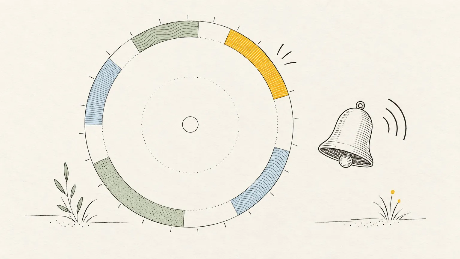 A hand-drawn ring dial with gold, sage and blue time blocks beside a small bell with curved marks suggesting an alert, on warm paper.