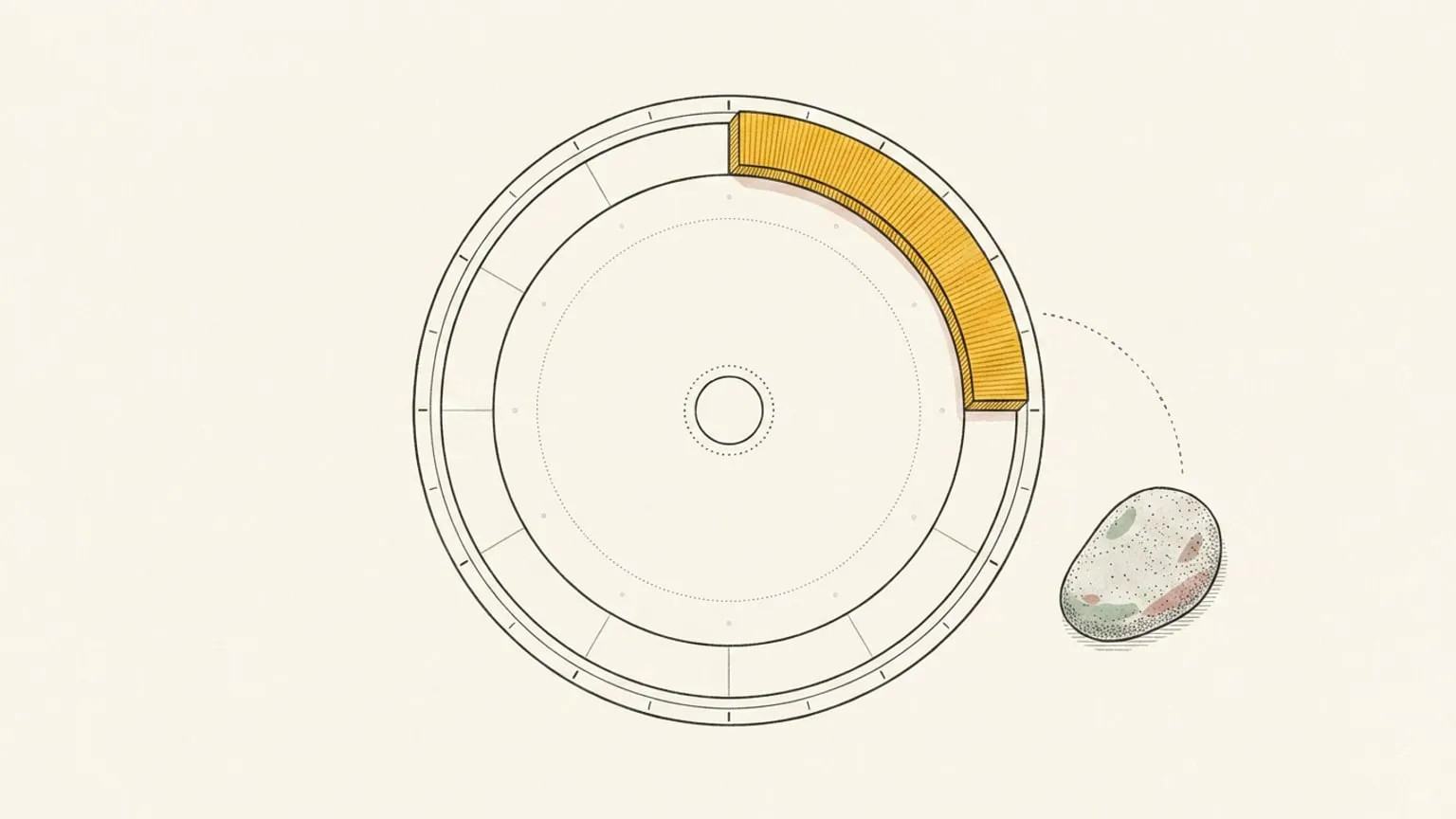 A 24-hour arc-block ring with one segment lifted just above its gap, and a small smooth stone resting outside the ring, joined to the empty arc by a dotted curved path.