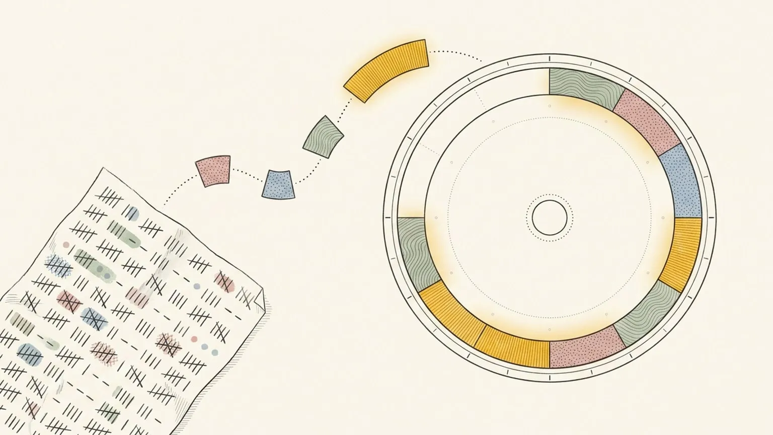 A mark-covered paper sheet sends arc blocks along a dotted path onto a circular ring dial, with one block hovering above its slot still unconfirmed.