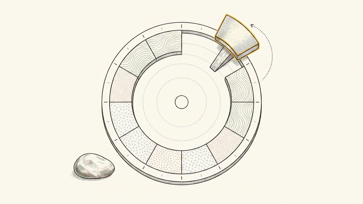 A 24-hour ring dial lies flat with one gold-edged arc block lifted slightly above its slot on small wooden wedges, a dotted curved path marking its easy return, and a smooth pebble resting nearby on warm paper.