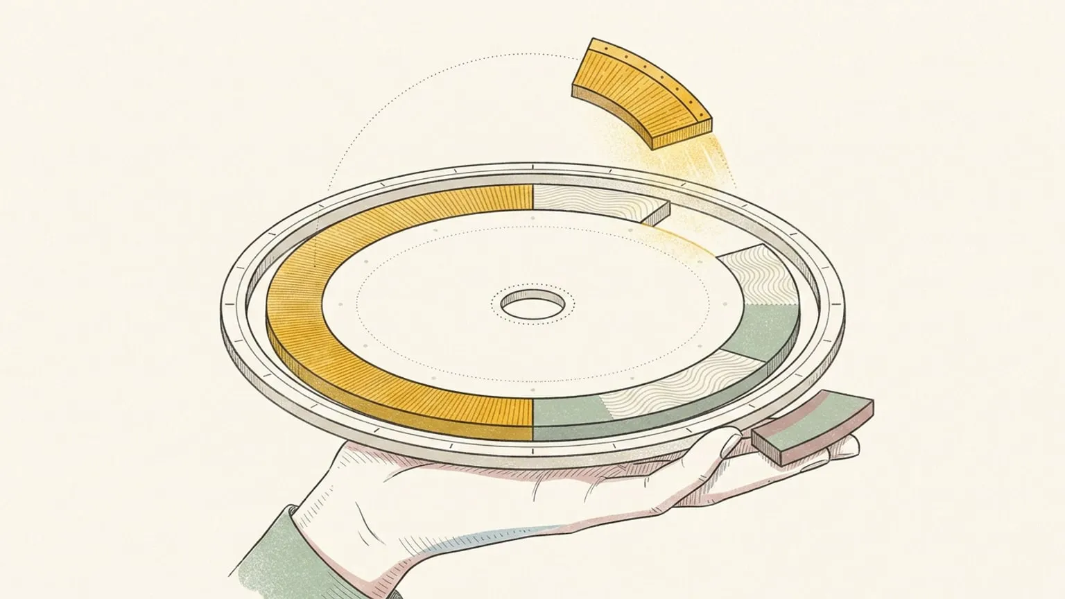 A hand-drawn hand holds a 24-hour ring dial with one gap in its arc blocks while a single arc tile descends along a dotted path to fill the slot, and a second tile rests on the fingertips below.