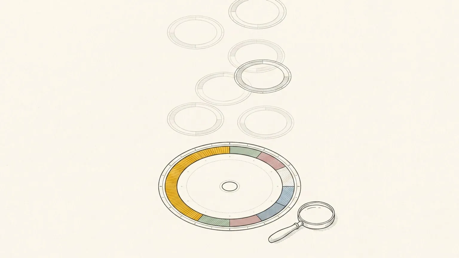 Seven faint ghost dials float above a single sharp 24-hour arc-ring dial, with a magnifying lens resting alongside it on warm paper.