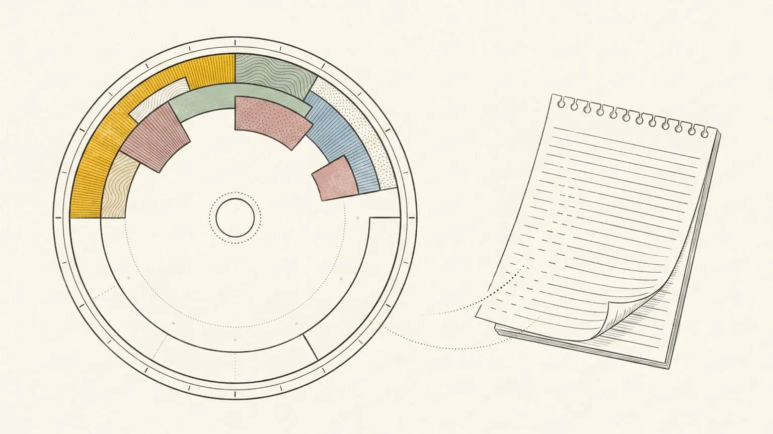 A hand-drawn 24-hour dial beside a torn notepad whose ruled lines dissolve into dashes that curve onto the dial's ring, leaving a large empty arc still open.