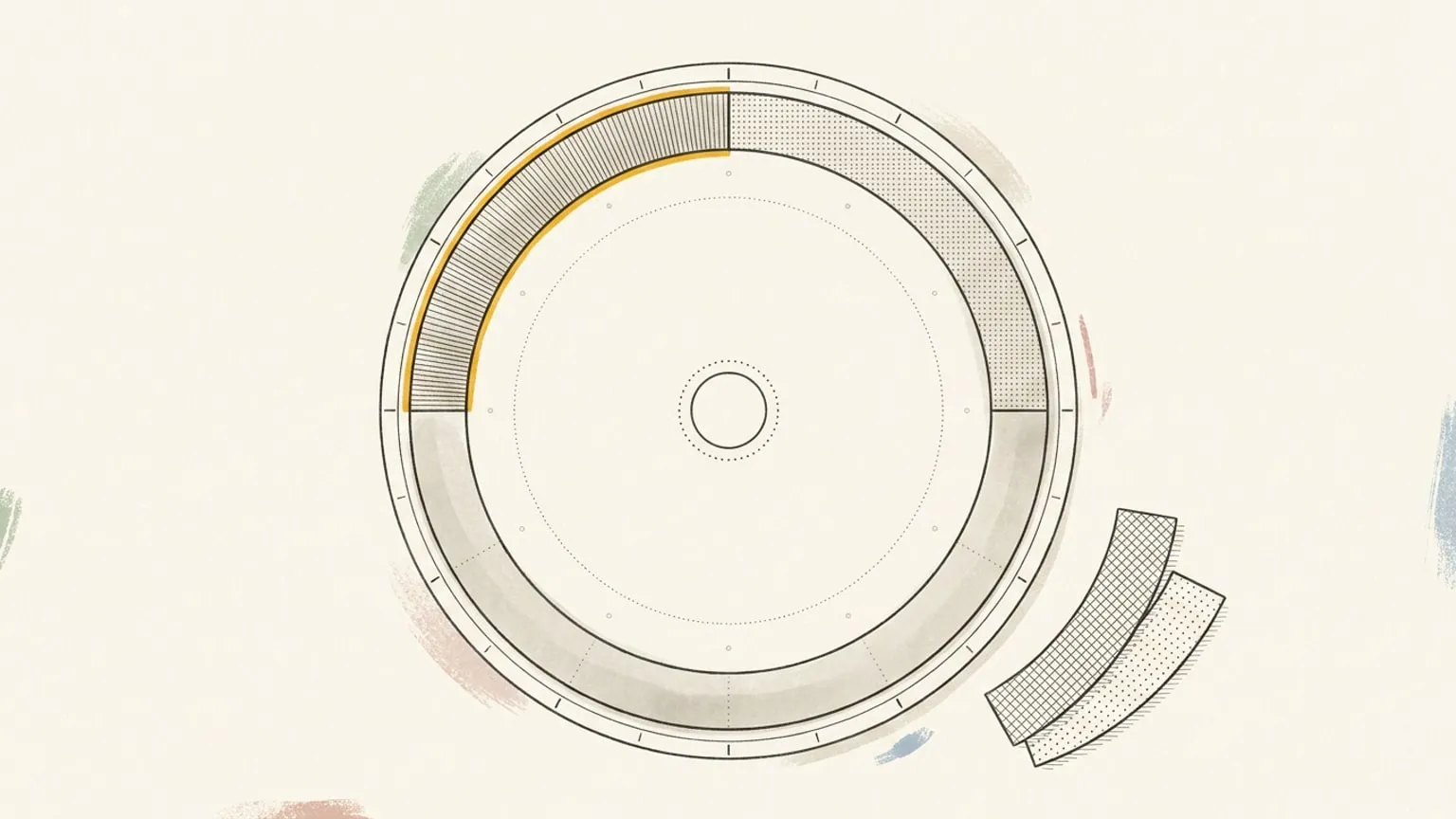 A circular 24-hour dial with two same-sized adjacent arcs in matching tone, one hatched with horizontal lines edged in gold and one filled with a dot grid, beside a small stack of blank hatched and dotted arc tiles.