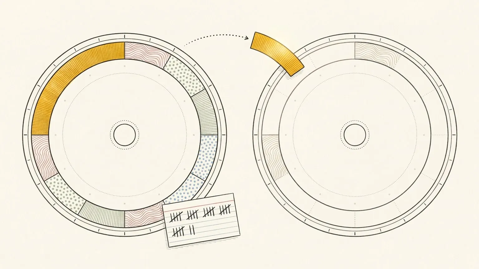 Two hand-drawn 24-hour ring dials side by side. One gold arc block travels along a dotted path from the full left dial to the mostly empty right dial, above a small tally-marked card.
