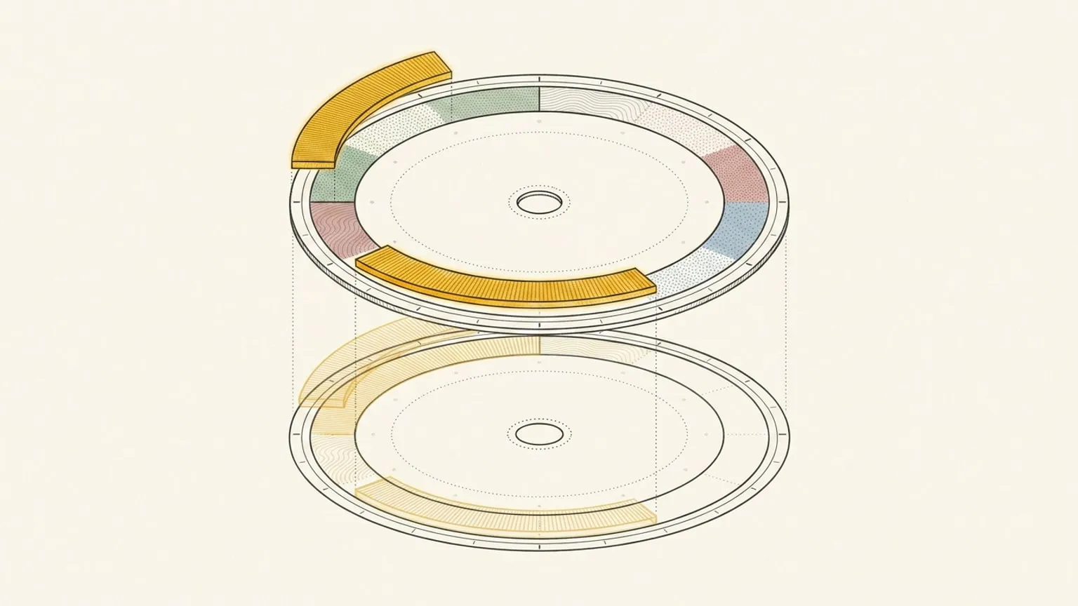 A circular day-planner dial with three glowing arc segments lifted together on dotted lines above it, descending as a matched group onto a second empty dial beneath.