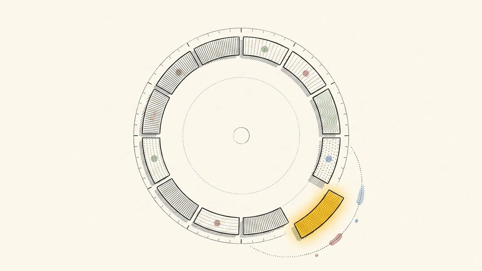 A 24-hour ring dial lies flat with one glowing gold arc block being placed into the lower quarter of the ring, a dotted curved path tracing an energy dip around that section before fading into empty paper.