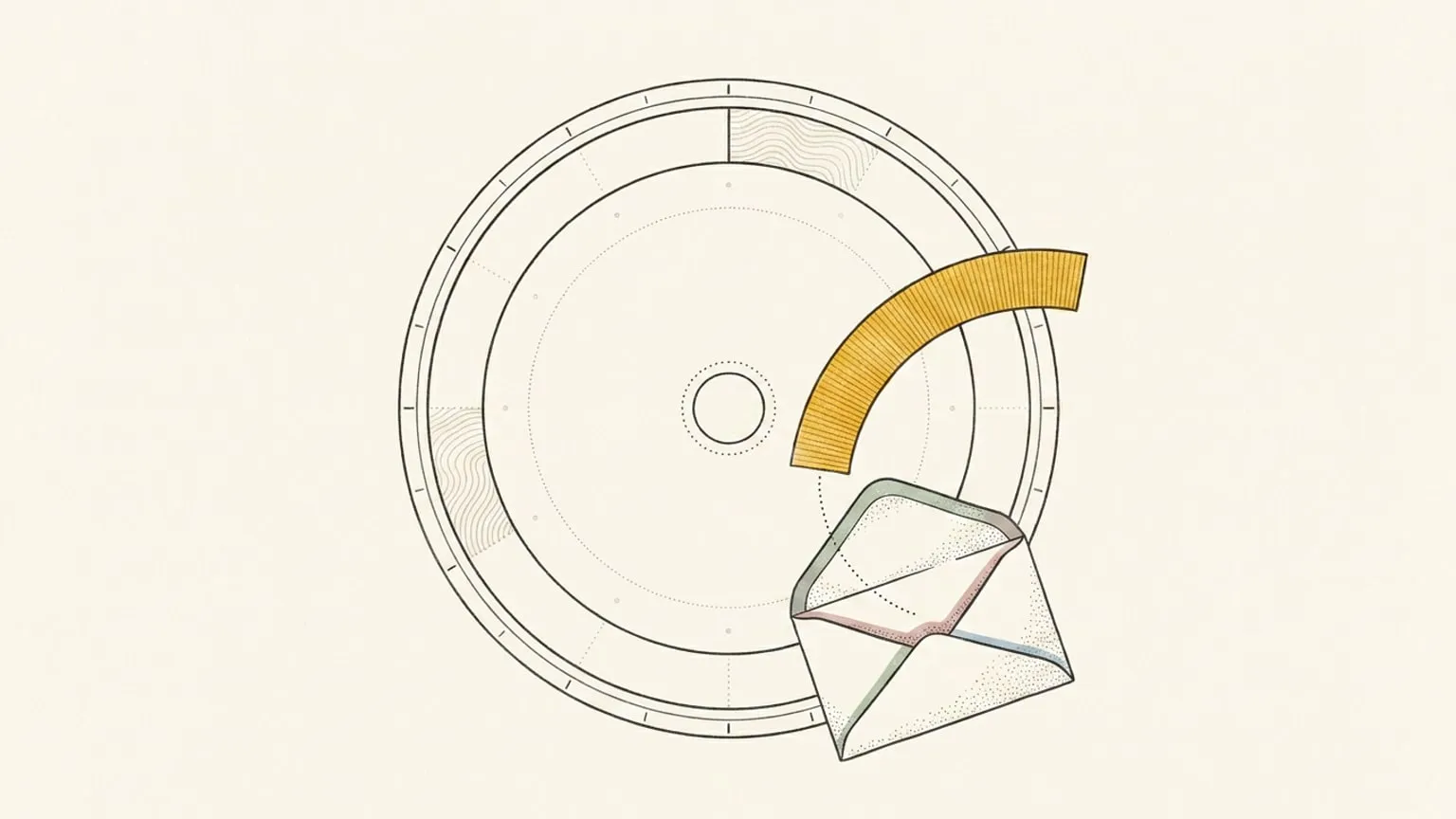 A 24-hour dial with one gold arc floating along a dotted path into an open envelope leaning against it.