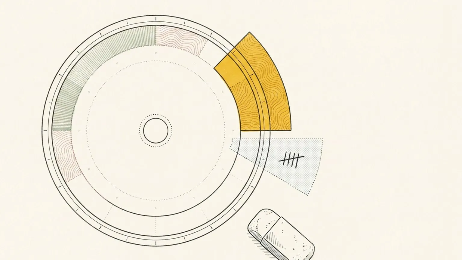 A circular 24-hour dial with faint dotted ghost arcs showing a morning plan and solid inked wedges placed over them to mark what actually happened, beside one crossed-out ghost wedge and a resting eraser.