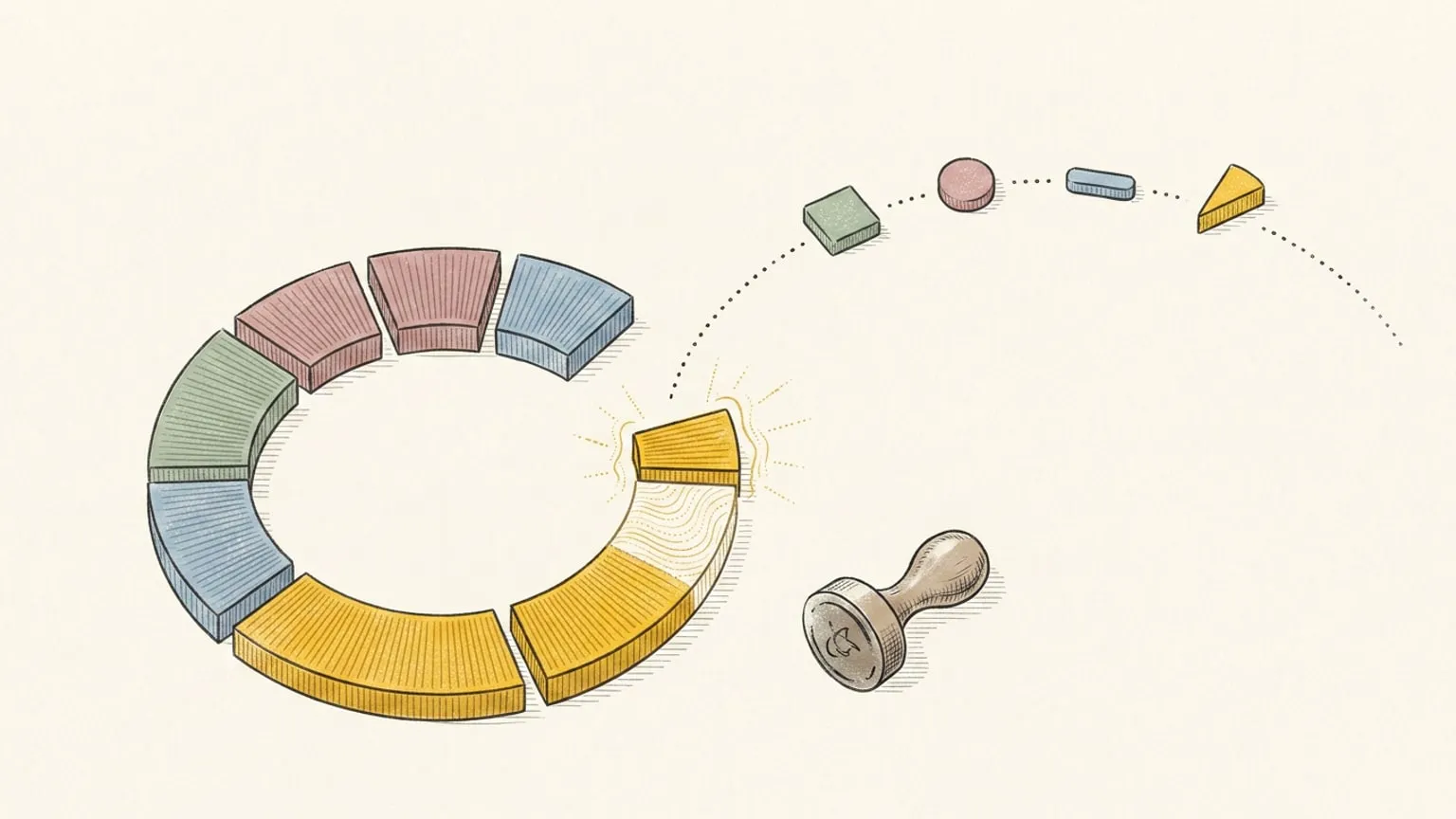 A horseshoe of arc blocks with one gold-glowing segment locked in and three abstract tokens stopped short on a dotted path, a small stamp resting beside the ring.