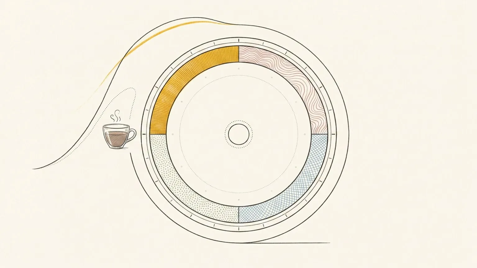 A 24-hour dial encircled by an ink energy curve with a gold-highlighted peak, a small coffee cup placed outside the ring casting a dotted arc that nudges the curve upward above it.