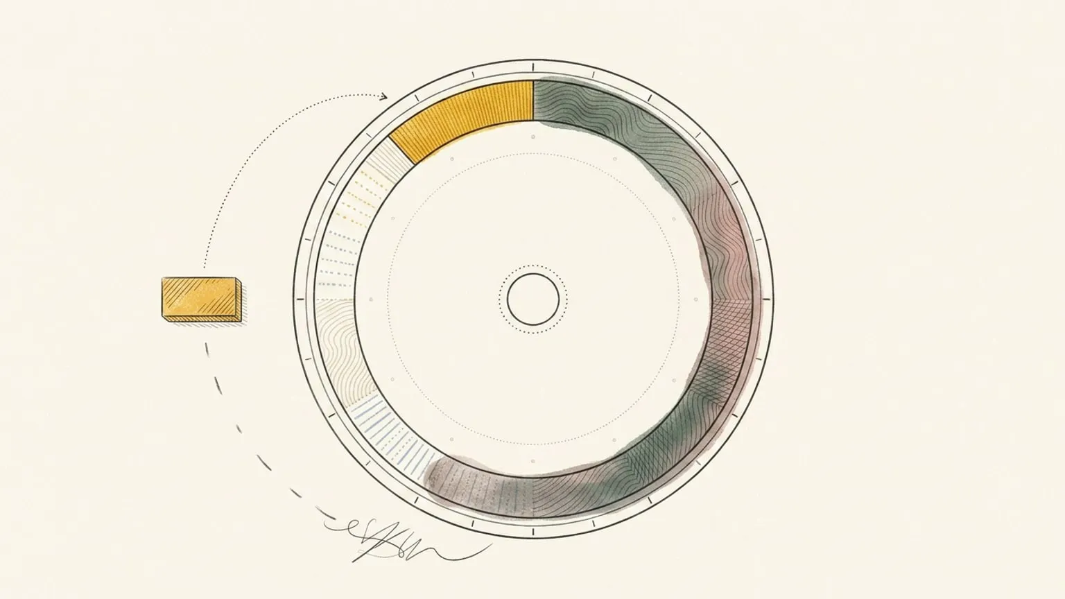 A circular 24-hour ring planner with arcs shaded in a gradient wash from pale to dark and back, a small rectangular tile hovering beside a dotted path curving toward the brightest arc at the ring's crest, and a second faint dashed path trailing toward a dimmer arc below.