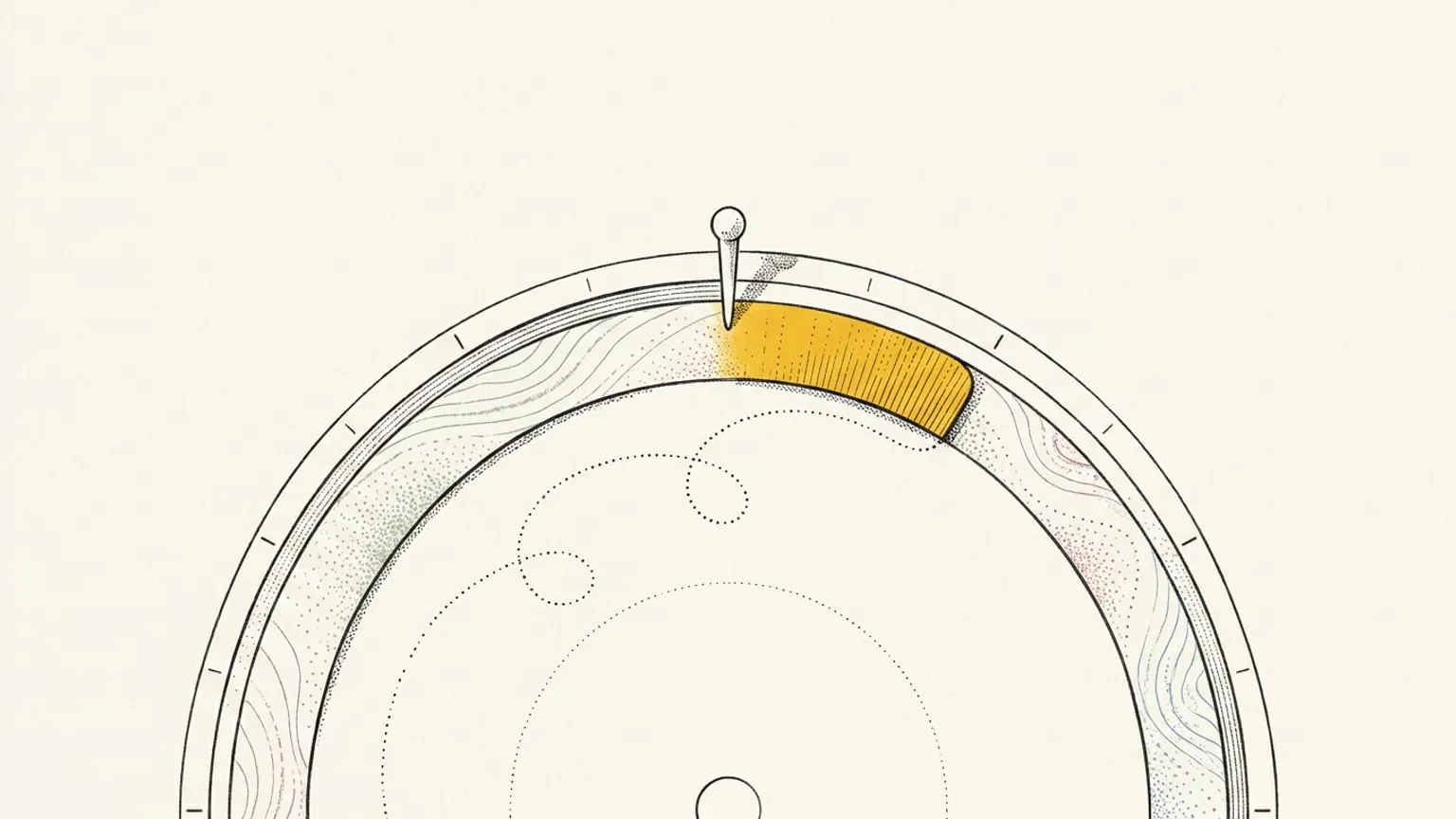 A cropped arc of the 24-hour dial rotates beneath a fixed pin, with a gold block sliding under the marker and a dotted wake trailing behind it on warm paper.