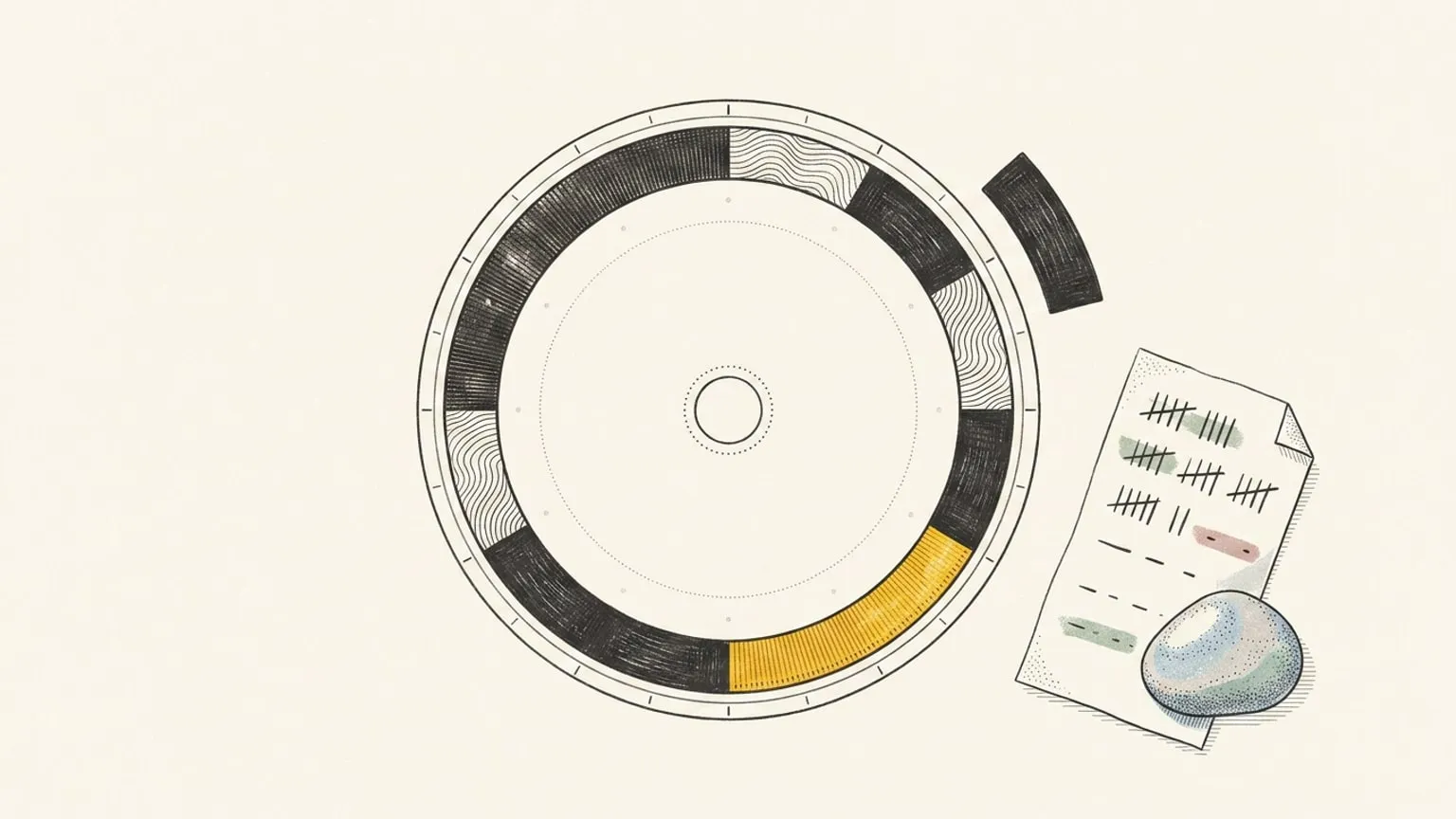 A 24-hour ring dial with one glowing gold arc block, a loose unplaced arc block resting at its gap, and a folded tally-marked slip of paper held down by a small stone beside it.