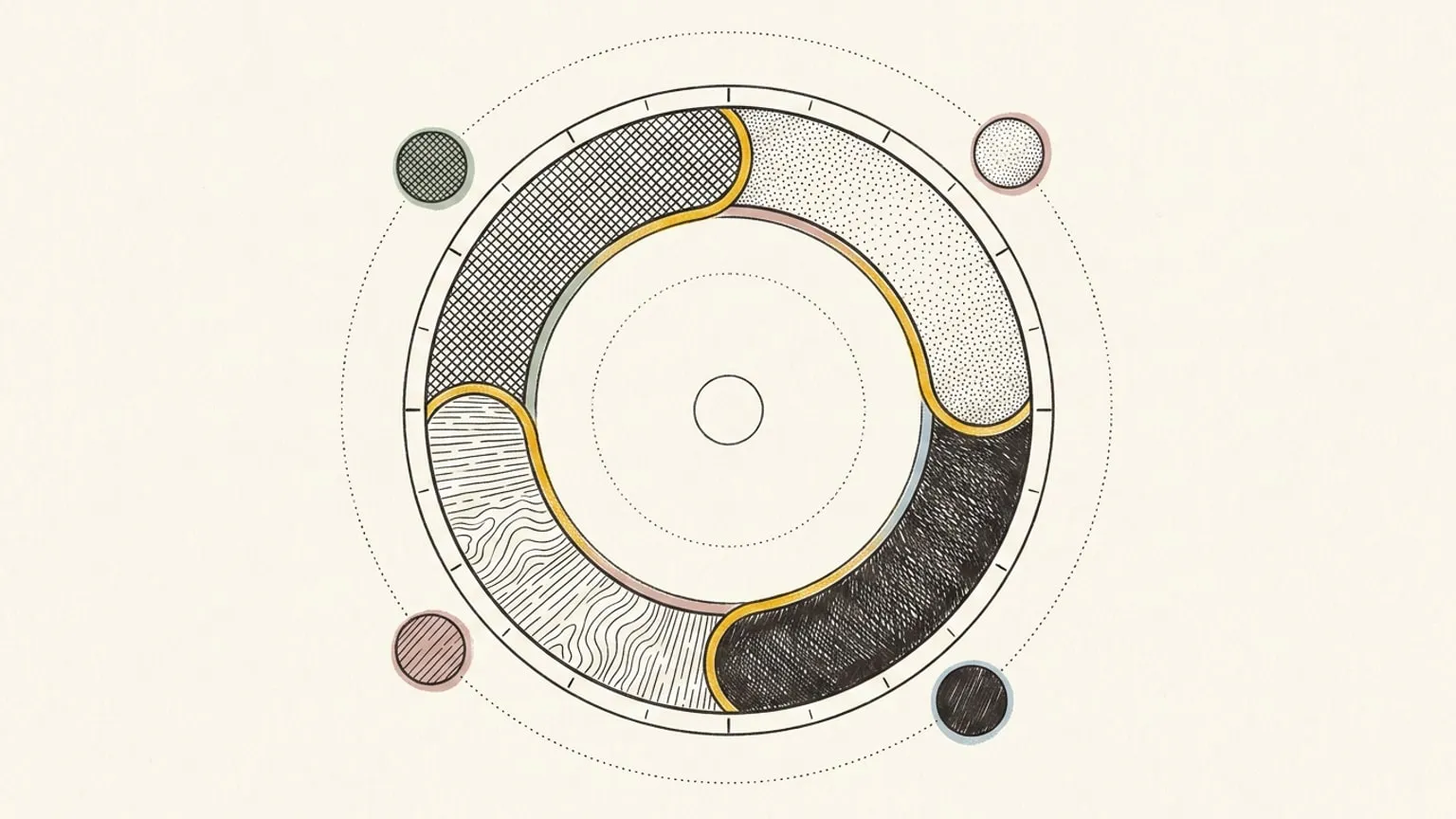 A 24-hour dial whose ring is divided into four arc segments of contrasting ink textures, with four small matching tokens orbiting its edge on dotted inward paths and a single gold accent marking where the arcs meet.
