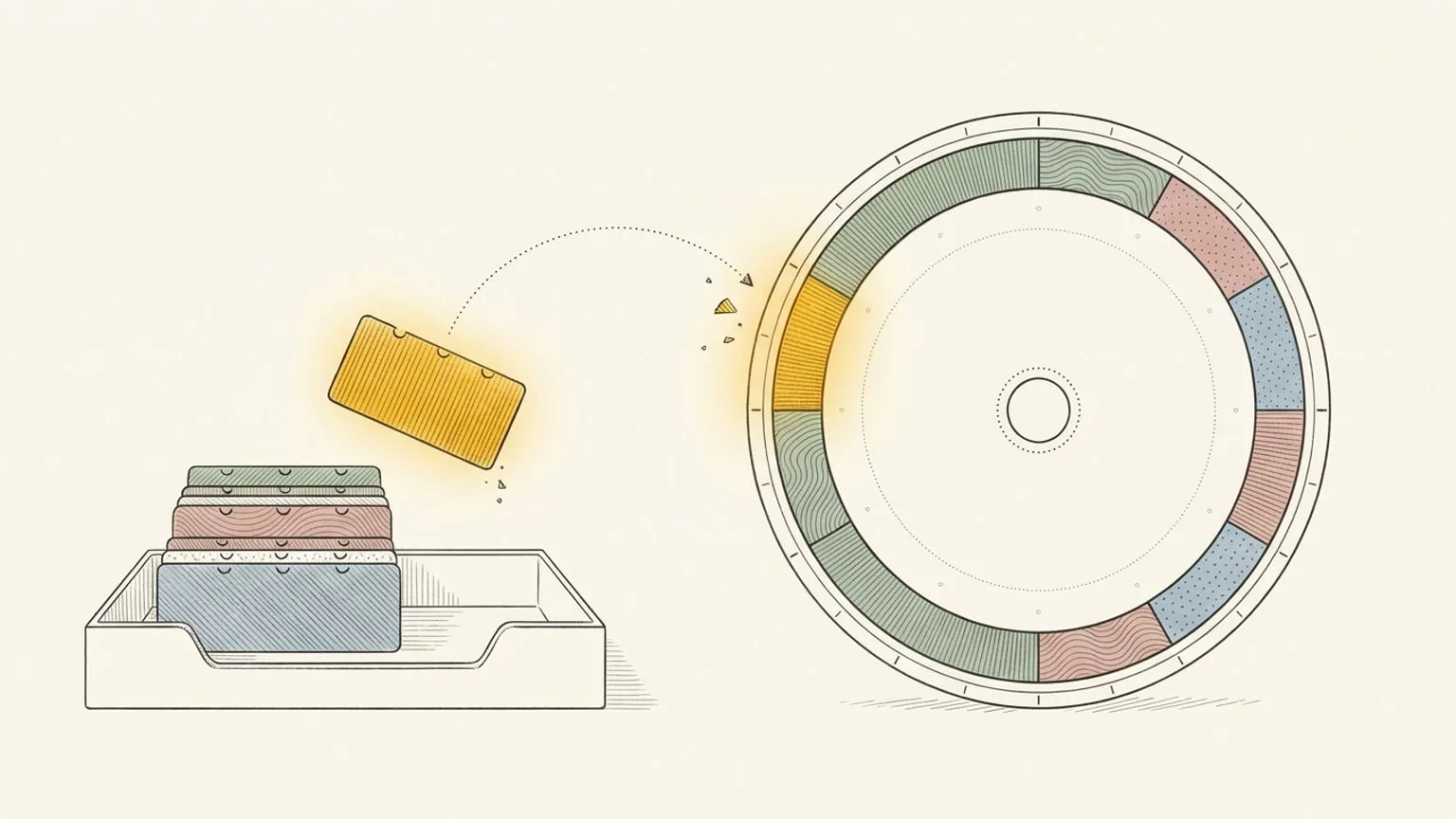 A task block travels along a dotted curved path from an inbox tray and lands as a glowing gold arc on a 24-hour ring dial.