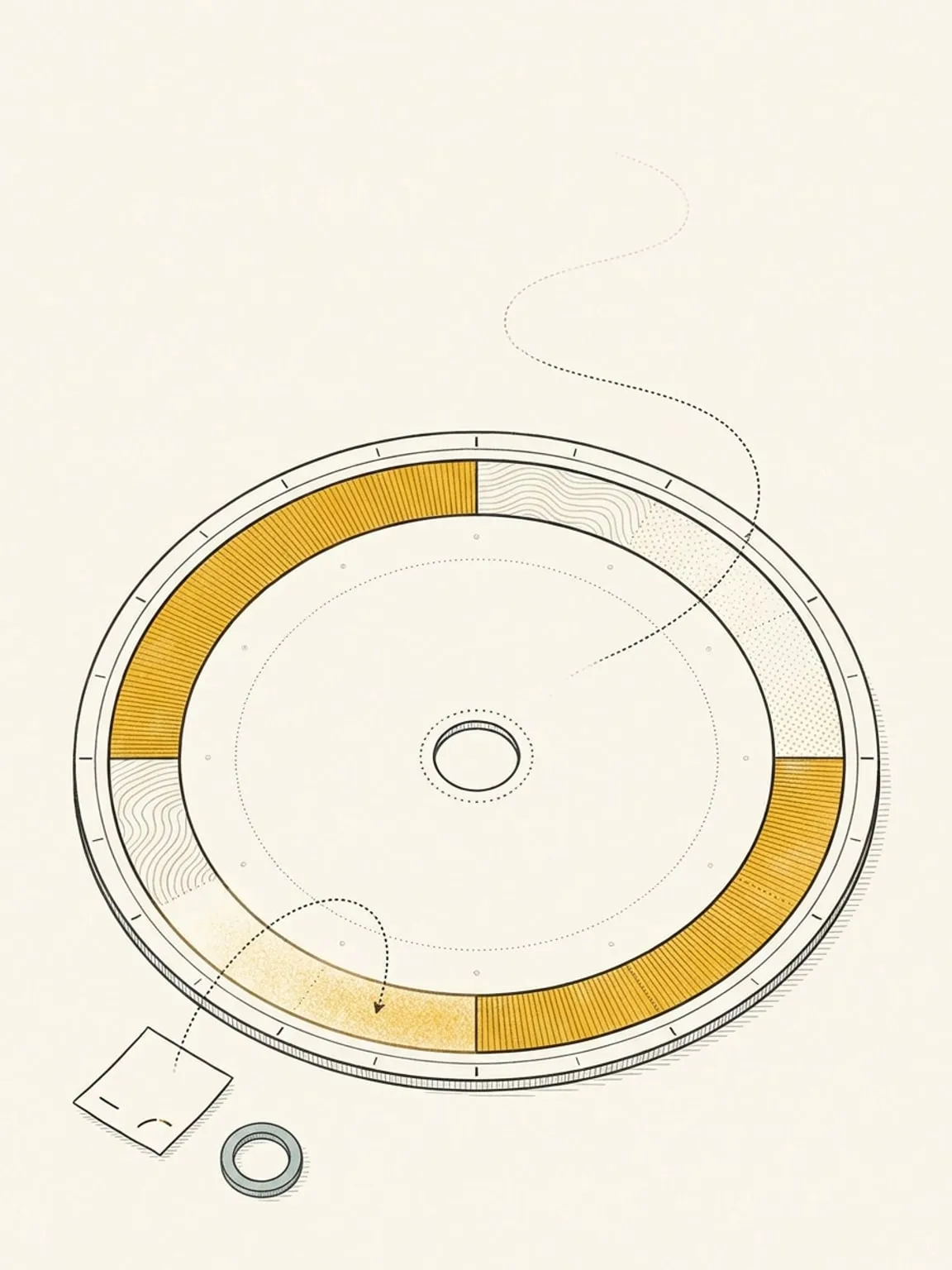 A slightly angled flat view of the 24-hour ring dial with half its arc blocks filled, a small task card outside the ring trailing a dotted curved path that lands on an empty arc slot lit with a gold glow, a tiny plain ring emblem beside the card.
