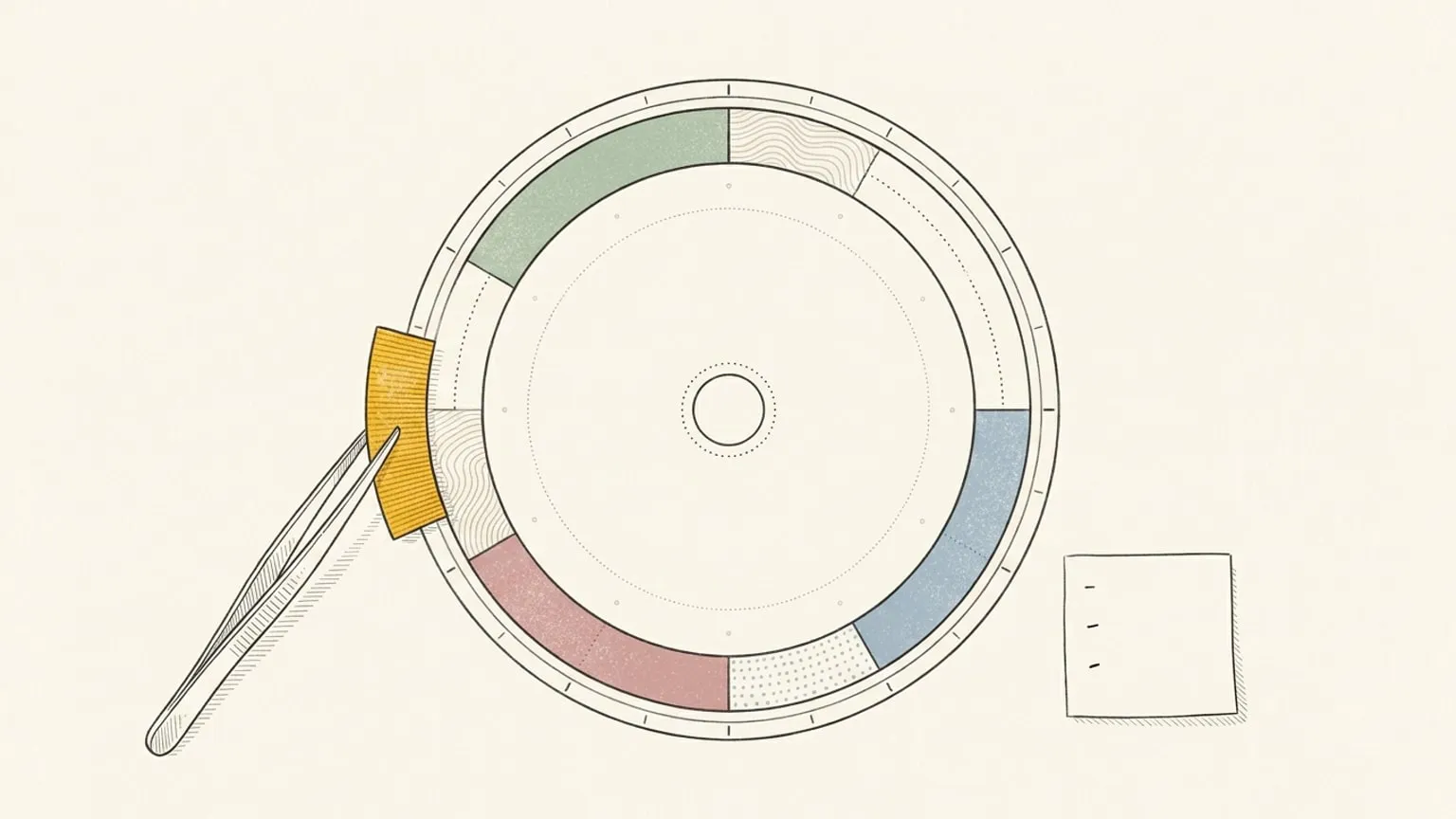 A 24-hour ring dial lies flat with one arc block held in tweezers mid-transfer, dotted paths showing its old position and new destination in the ring, a small marked note alongside.