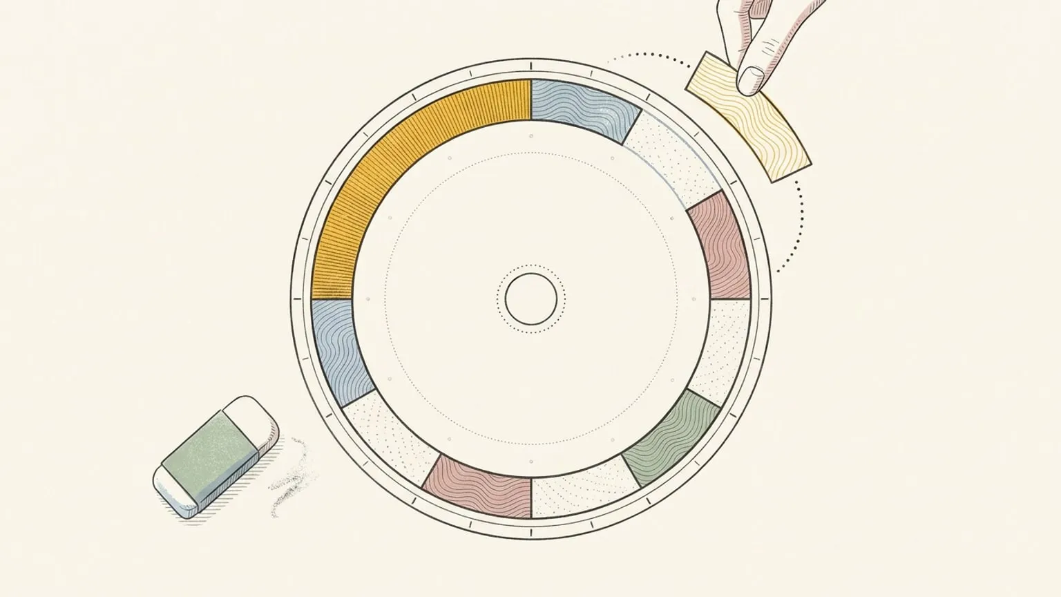 A 24-hour ring dial with heavy fixed-commitment arcs and lighter study arcs, one study arc lifted by a fingertip and following a dotted path to a new position on the ring, an eraser resting beside it.