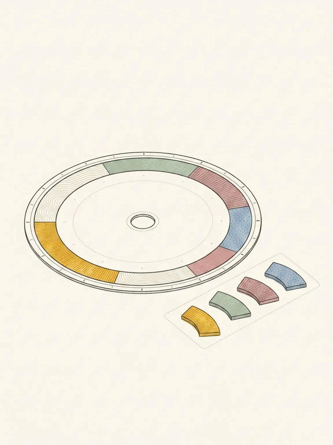 A fully assembled dial ring in shallow ellipse at the bottom of the frame, with four arc blocks of varying widths resting in a loose row on the paper beside it, enclosed by a faint dotted rectangle indicating they are waiting off the clock.