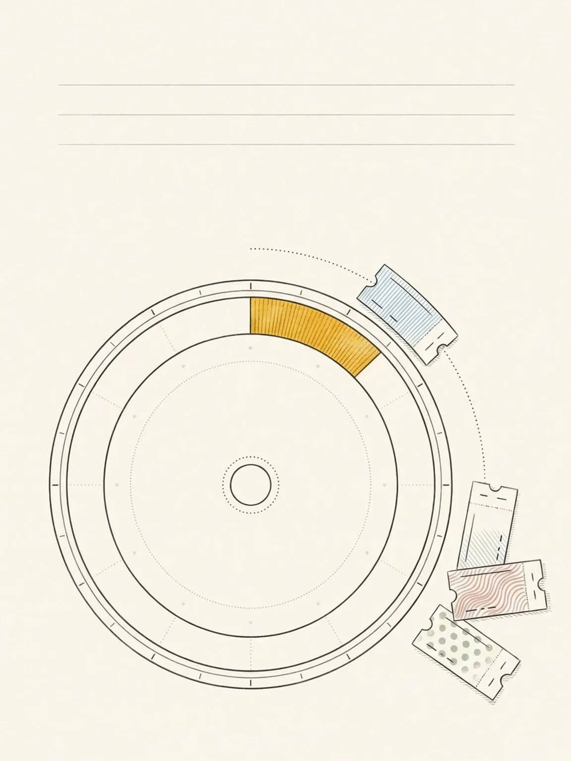 A flat overhead dial with one gold arc receives a small dashed paper ticket sliding along a dotted curved path from a stack of similar tickets resting outside the ring.