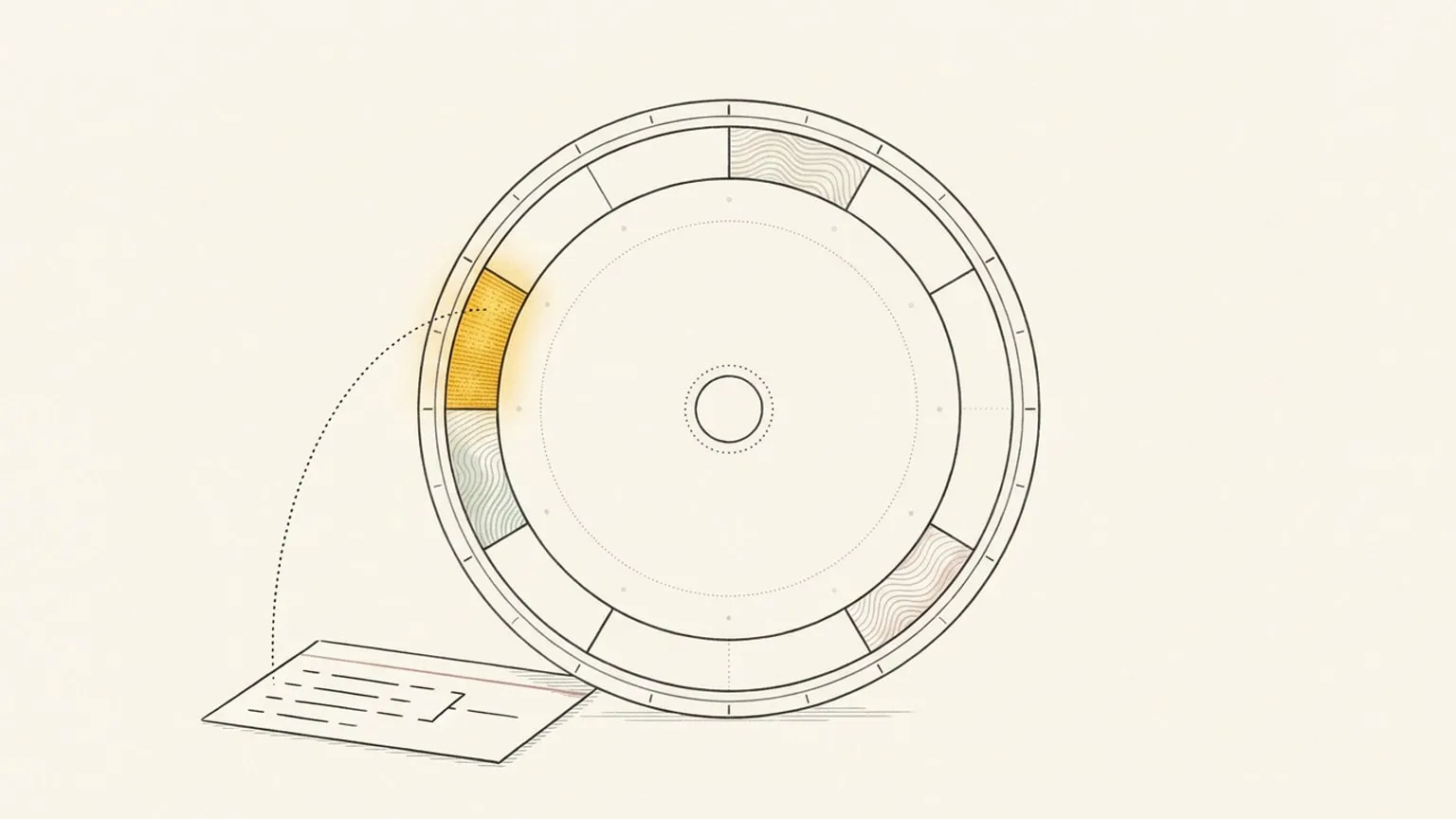 A hand-drawn 24-hour dial ring with one gold arc block glows beside a small index card marked with tally dashes, a dotted arc path connecting card to ring.