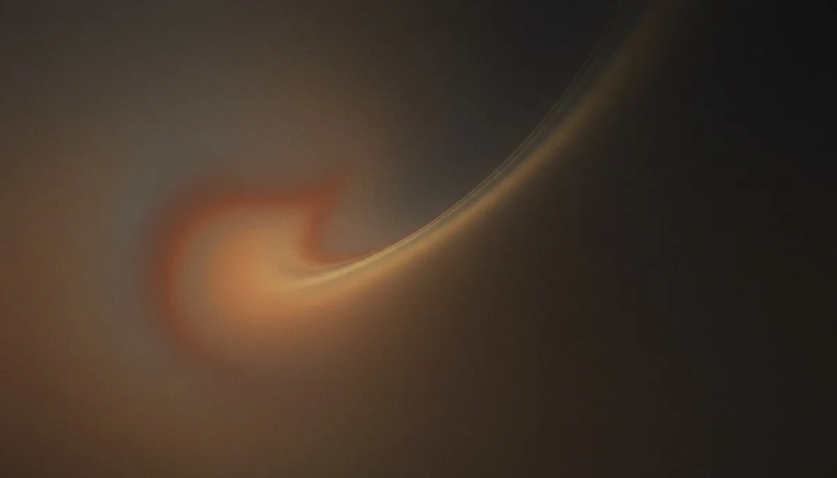 A continuous mesh gradient shifts from a dense warm pool of muted amber and desaturated burnt orange on the left into deep charcoal and taupe shadow on the right, its arc suggesting one unbroken sweep through dark, grain-textured space.