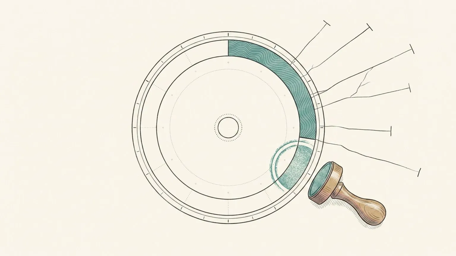 A circular 24-hour dial with one solid teal arc surrounded by radiating fragmentation lines, beside a small stamp whose crescent impression marks the arc as sealed.