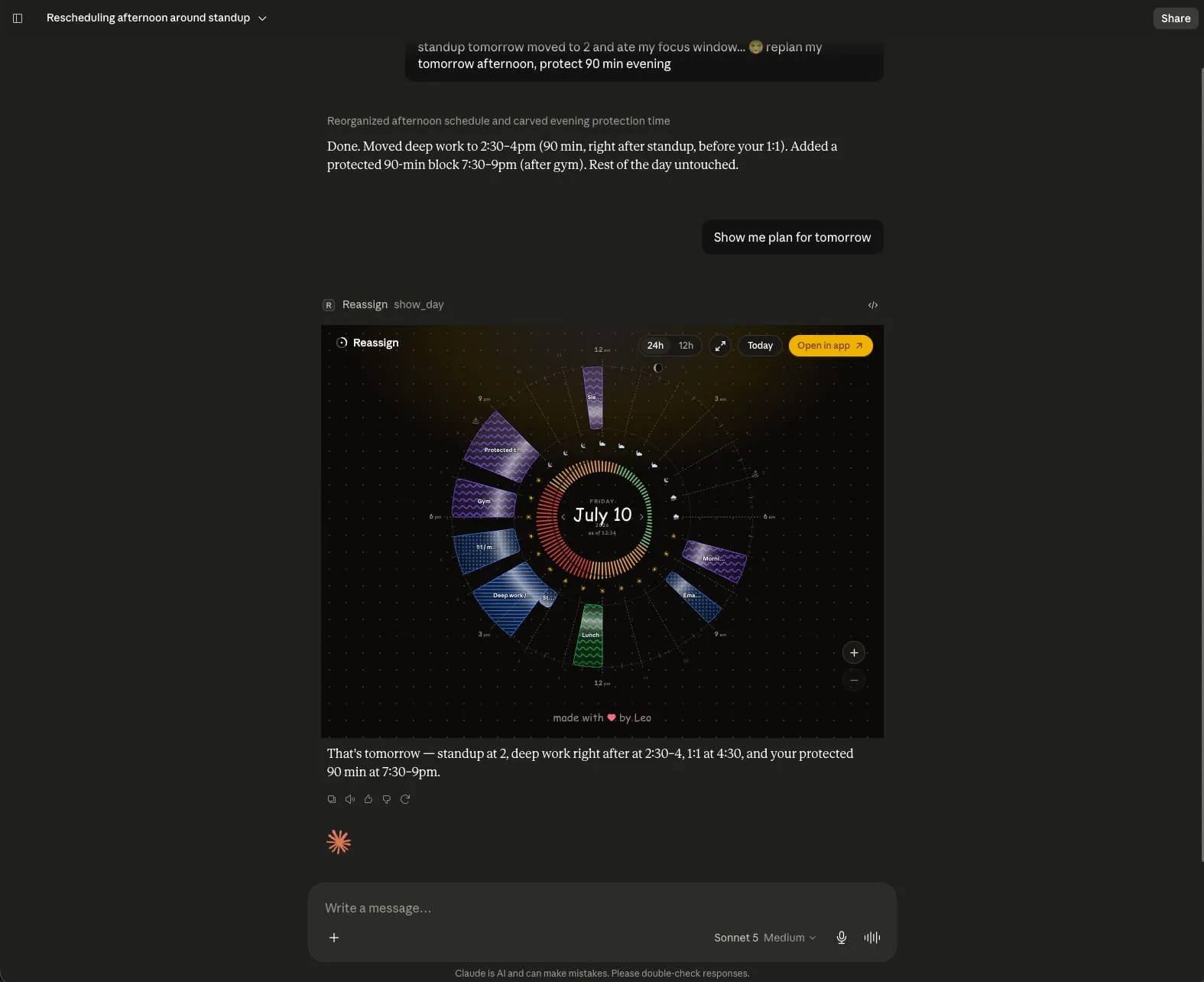 A Claude chat conversation with Reassign's real 24-hour dial rendered inline in the reply. The dial shows a full day of colour-coded blocks with fill patterns, a weather ring around the centre, and the red now-indicator, all inside the chat message.