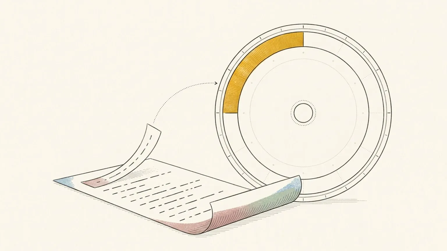A paper list of dashed marks with one strip peeling off and curving along a dotted path onto a 24-hour ring dial as a gold arc block.