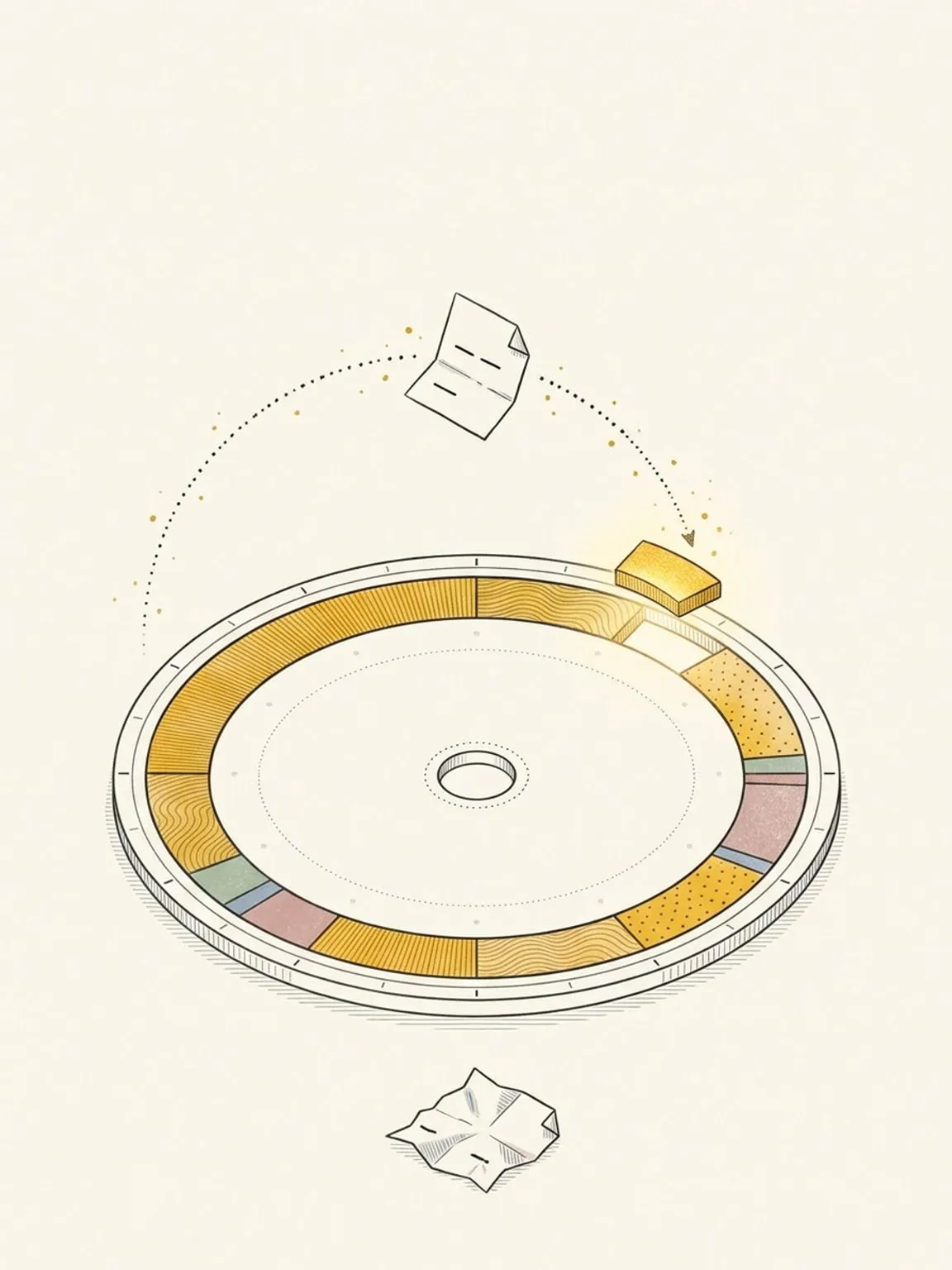 A folded paper task card with two dashes trails a dotted arc toward an upright dial, dropping a gold block into its last open slot while a spent card lies crumpled beneath.