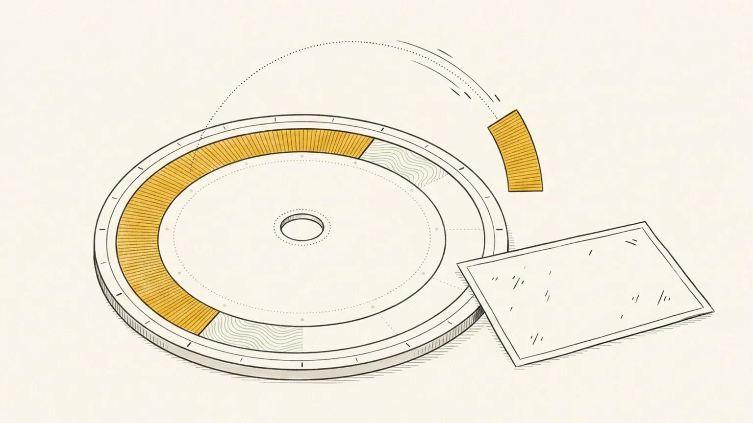 A 24-hour ring dial lies flat beside a face-down photograph with abstract dash marks on its back, while a dotted arc lifts from the ring and returns as a solid gold block.
