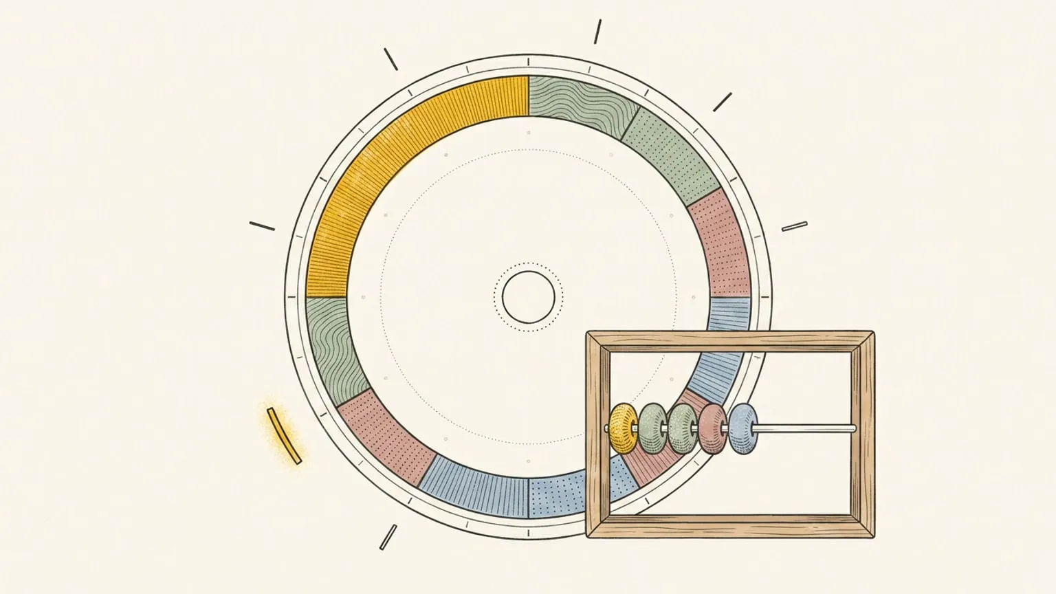 A flat 24-hour dial with scattered ink ticks around its bezel, one glowing gold, beside a small abacus with four beads counted off on a single rod.