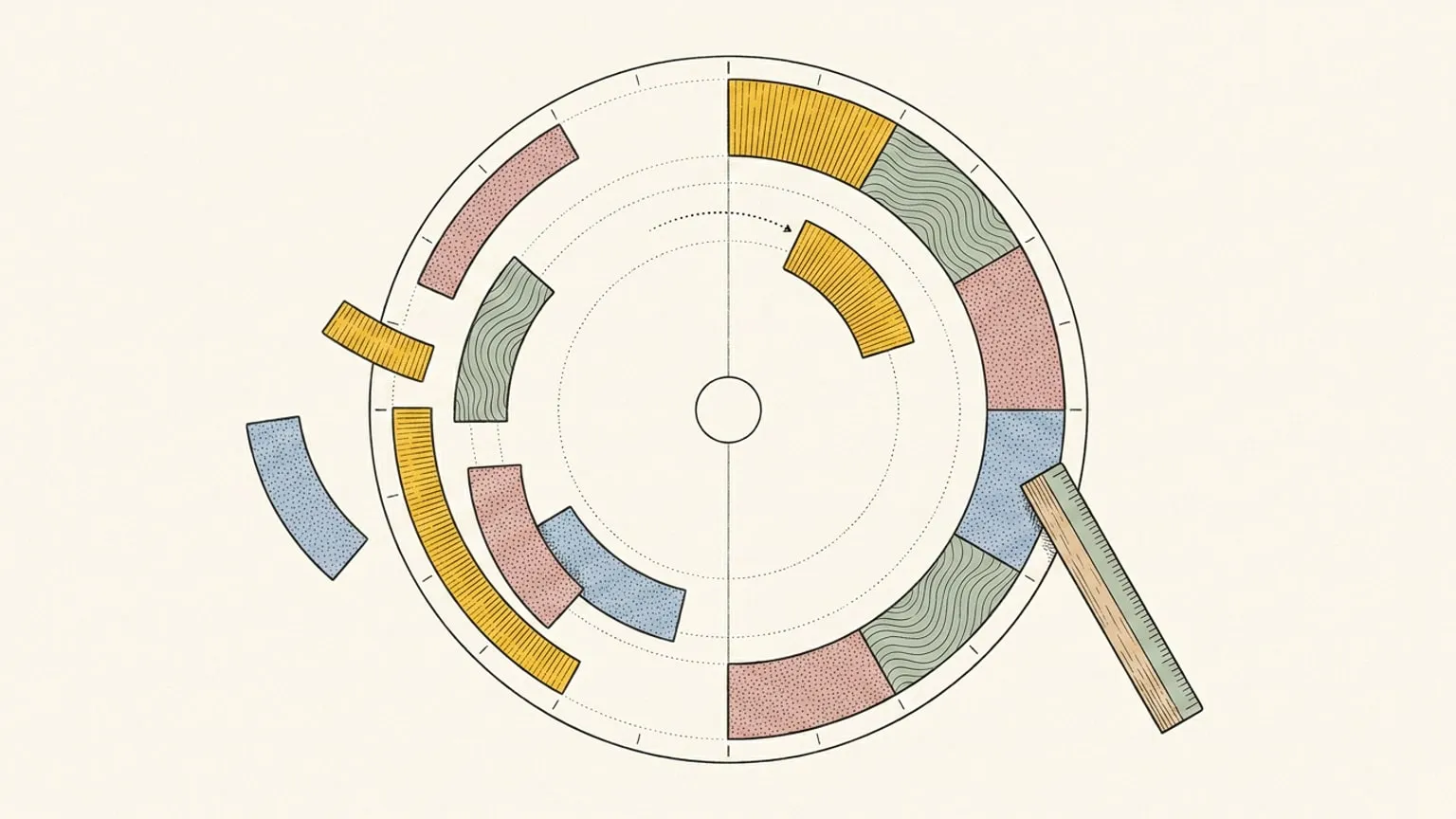 A 24-hour ring dial shown half-disassembled and half-assembled, with one arc block tracing a dotted path from the loose left side to the ordered right side, a small ruler resting against the completed half.
